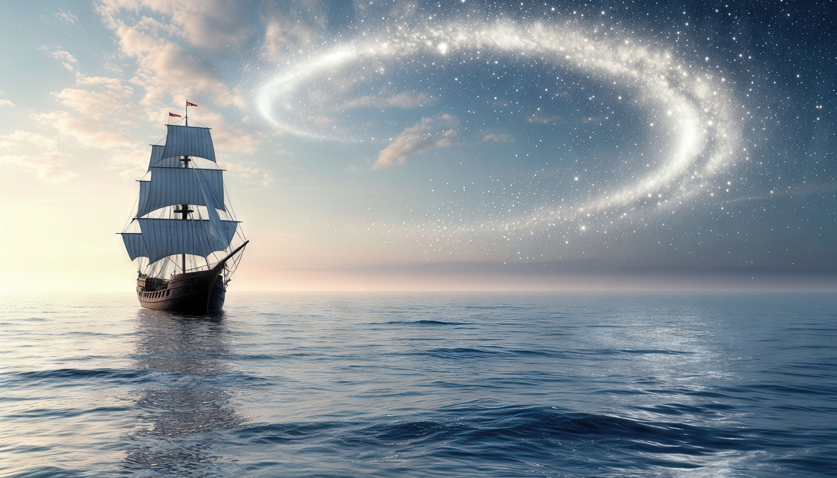 Бесплатное фото Парусник на фоне звездного неба