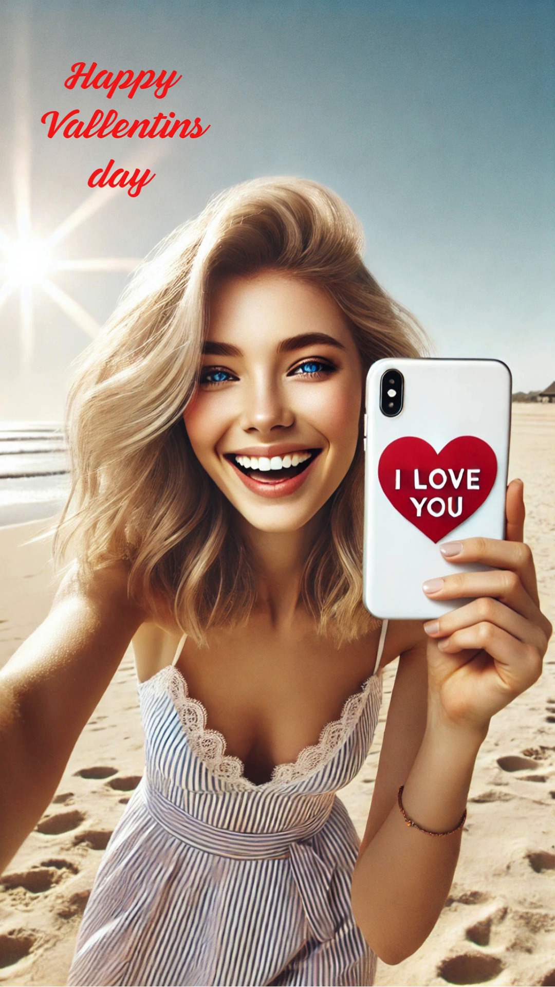 Бесплатная открытка Радостная, счастливая, молодая голубоглазая женщина блондинка на пляже держит смартфон