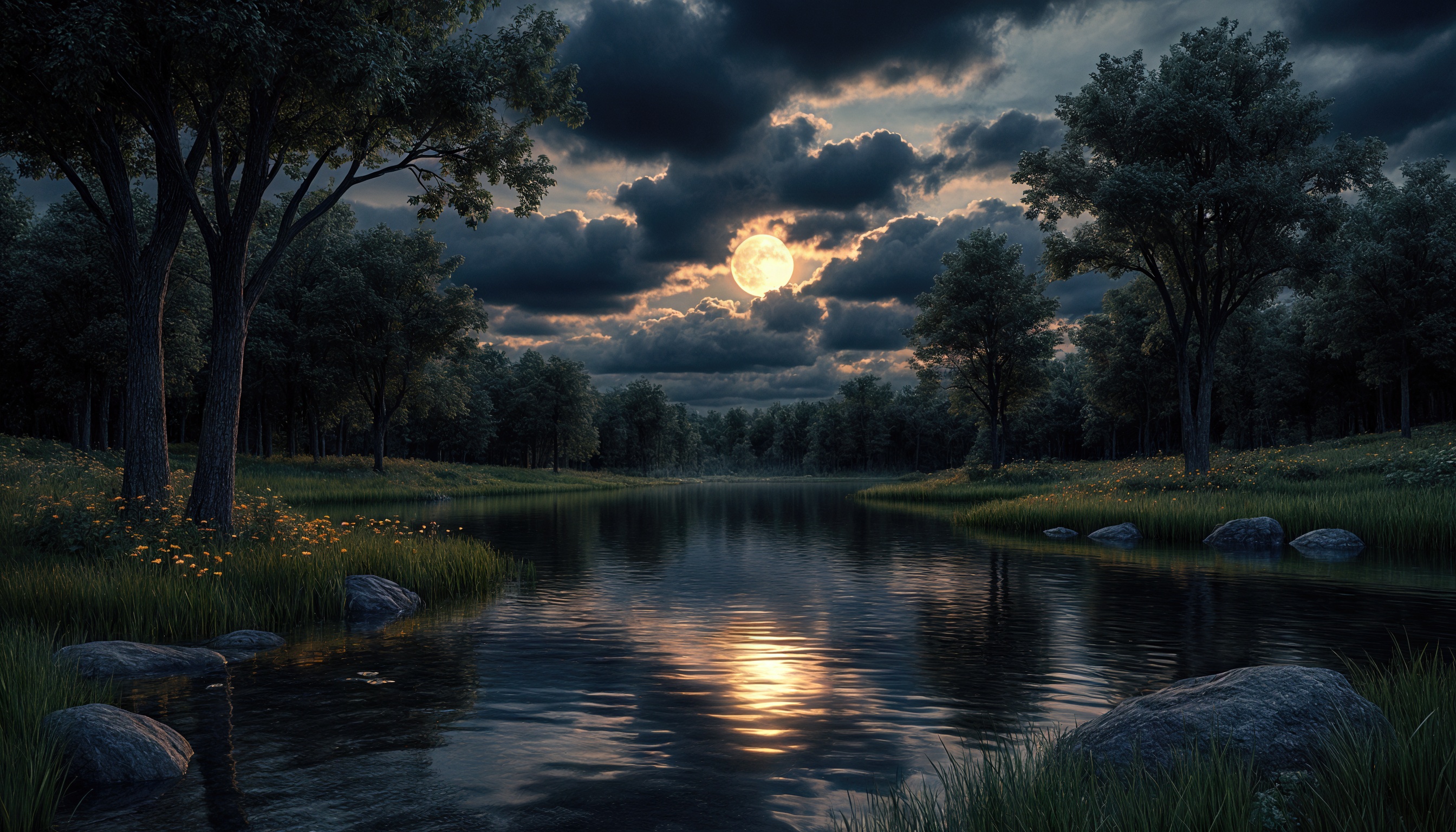 Живописный закат над рекой или озером, окруженным деревьями, с отражением солнца или луны на водной поверхности.