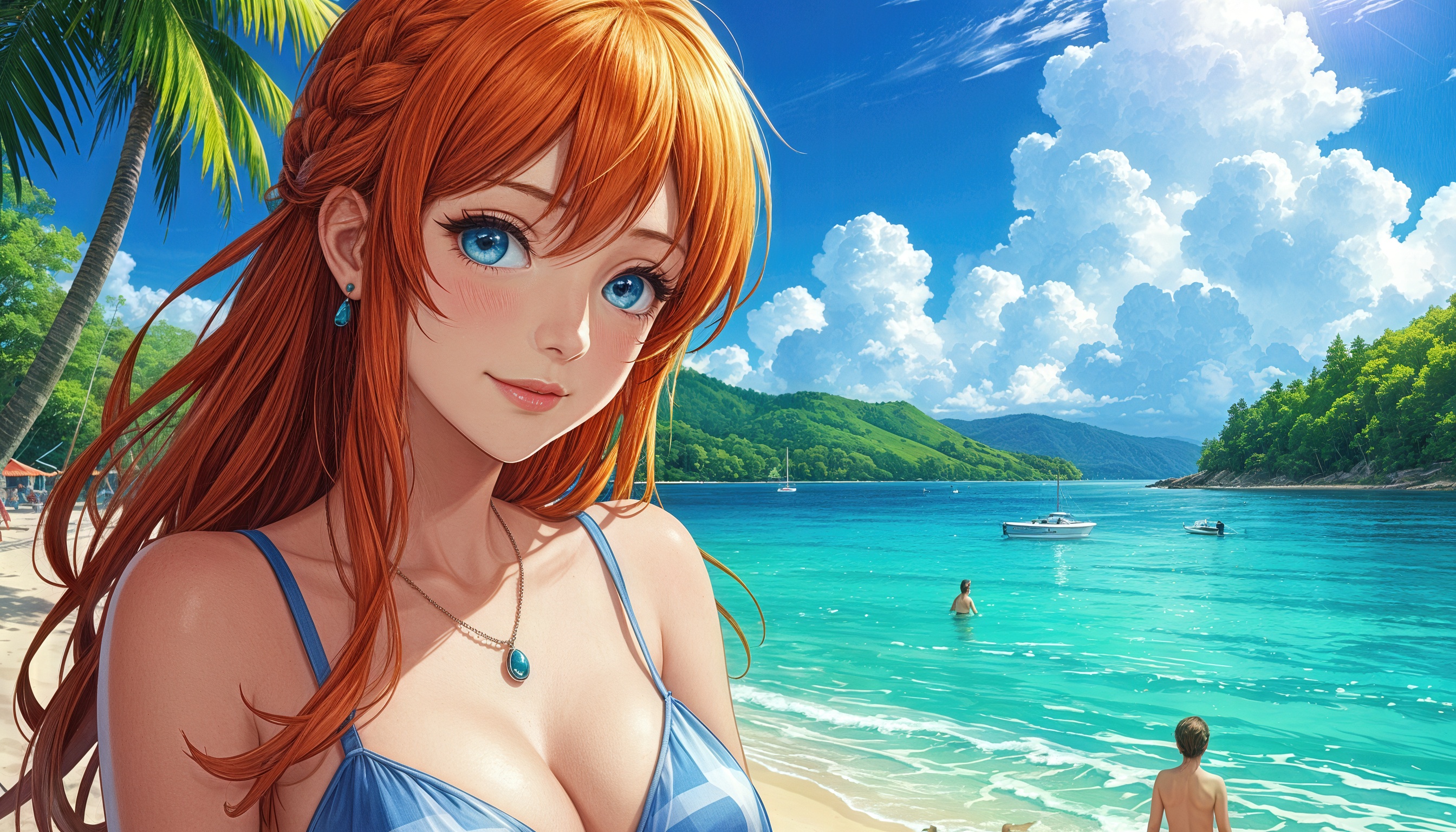 Анимешная девушка на пляже в купальнике с украшениями на фоне пальм, моря, гор и облаков.