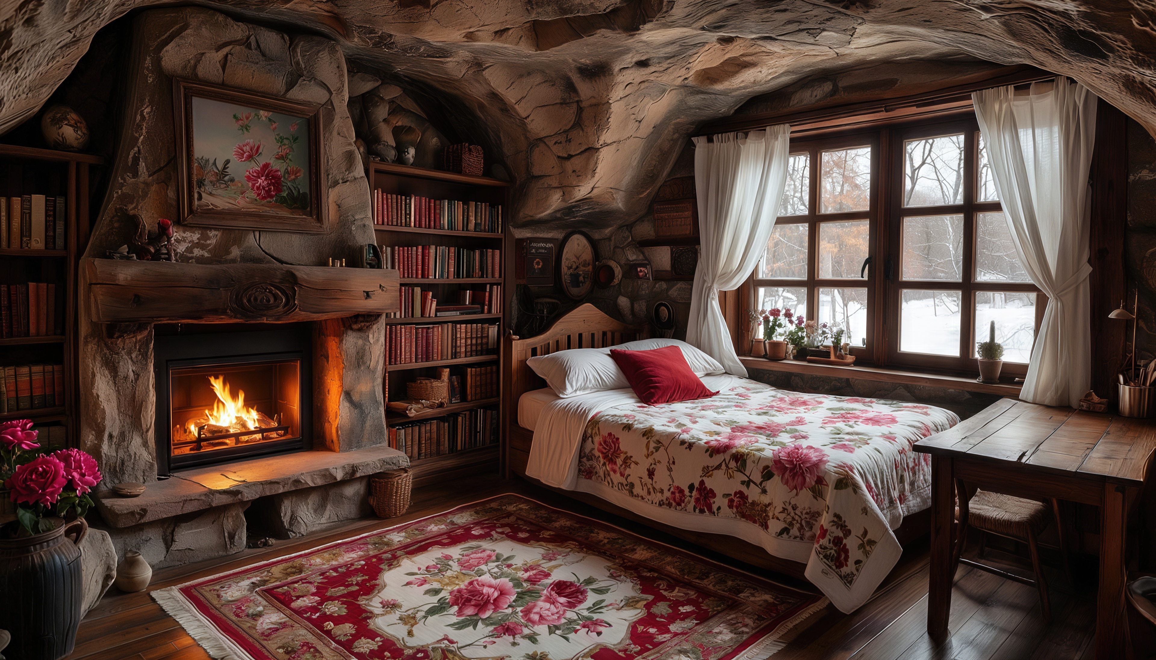 免费照片舒适的卧室在一个山洞里：壁炉，书籍，花卉床罩，窗外的冬季景观。