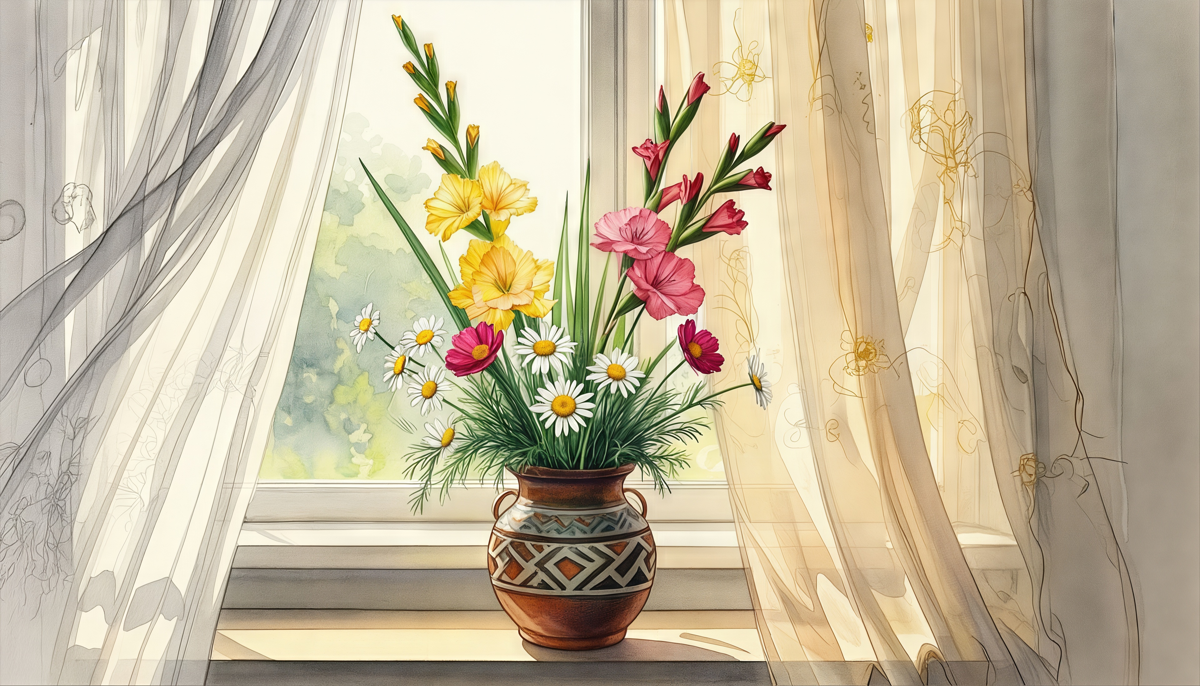 Free photo A bouquet of gladioli and daisies in a clay vase on the windowsill.