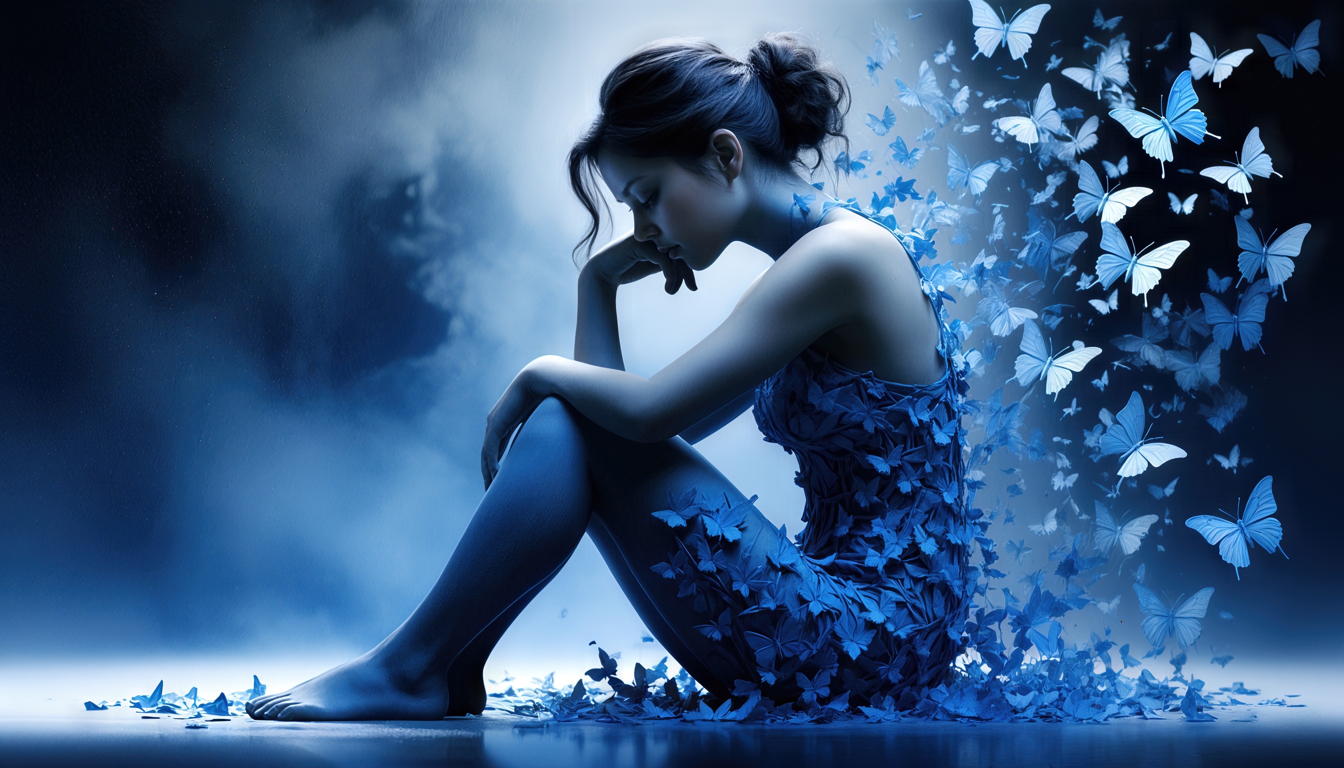 Free photo A girl in a butterfly dress, lost in thought against a background of mystical fog.