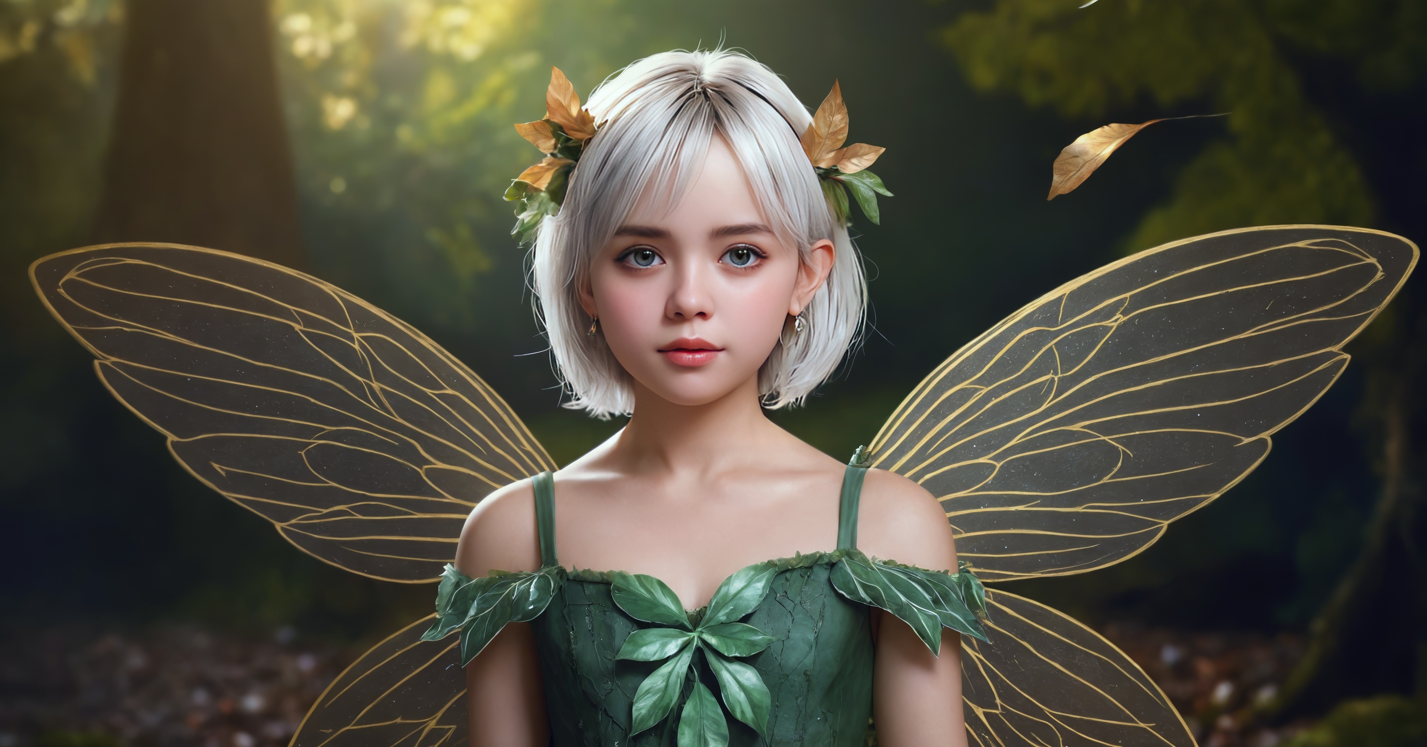 A young girl with white hair and an outfit made from fairy leaves