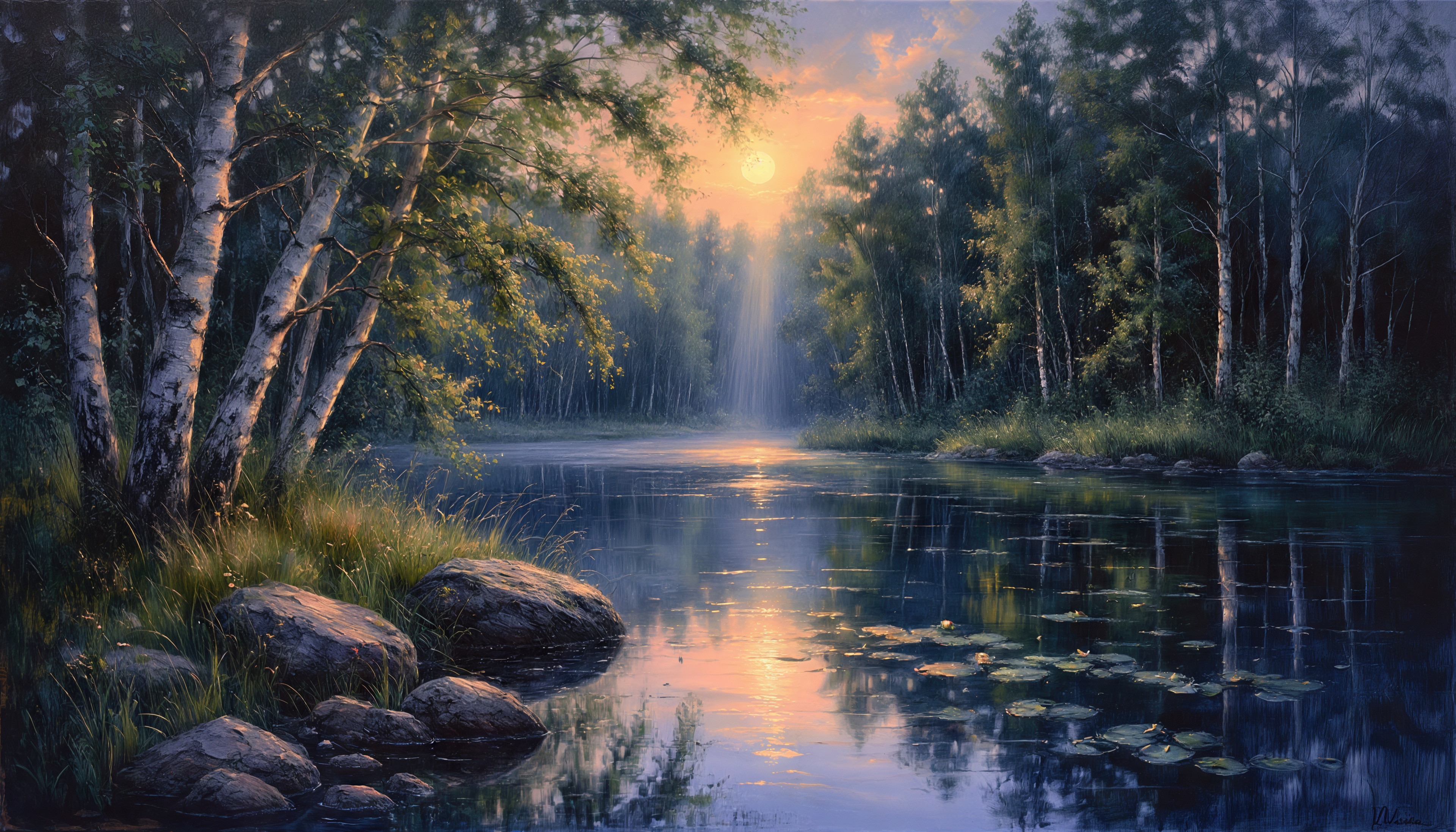 Бесплатное фото Закатное солнце озаряет берёзовую рощу и гладь лесного озера, отражаясь в воде.