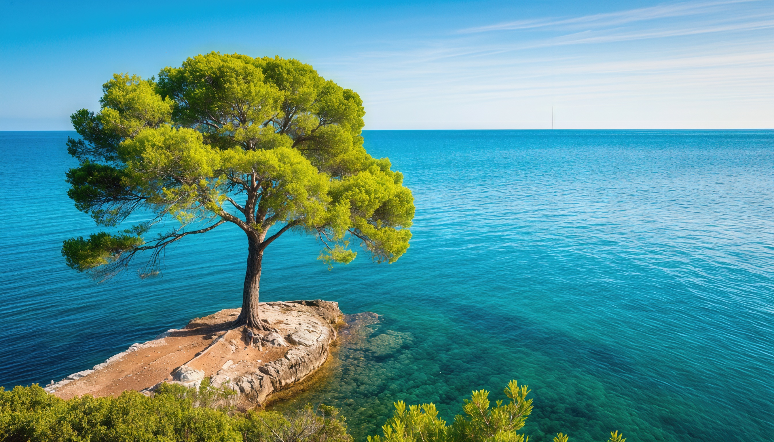 Free photo A lonely pine tree stands on a rocky islet in the middle of an endless blue sea.