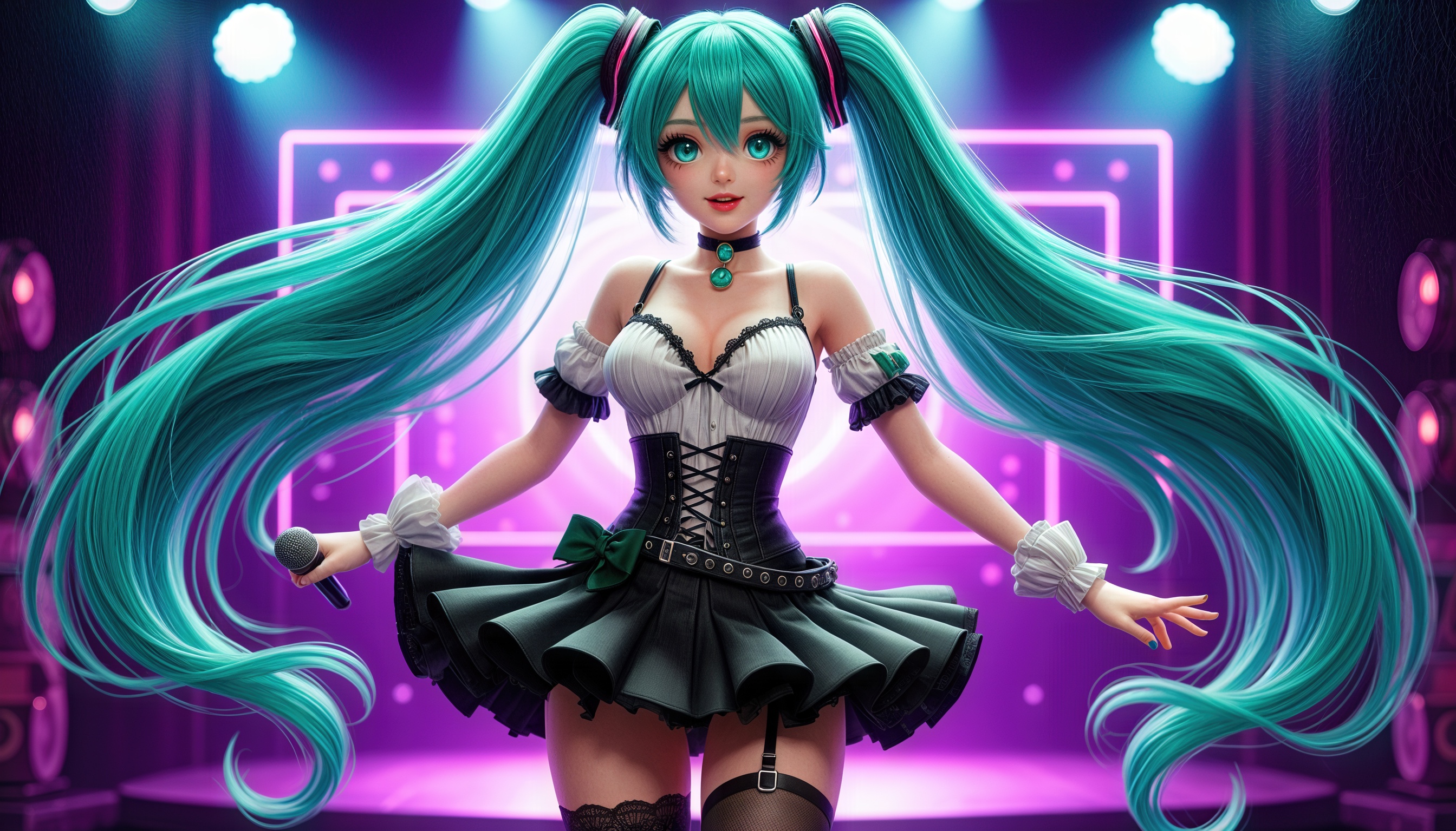 Бесплатное фото Hatsune Miku в рокабилли-костюме с бирюзовыми волосами и неоновым фоном.