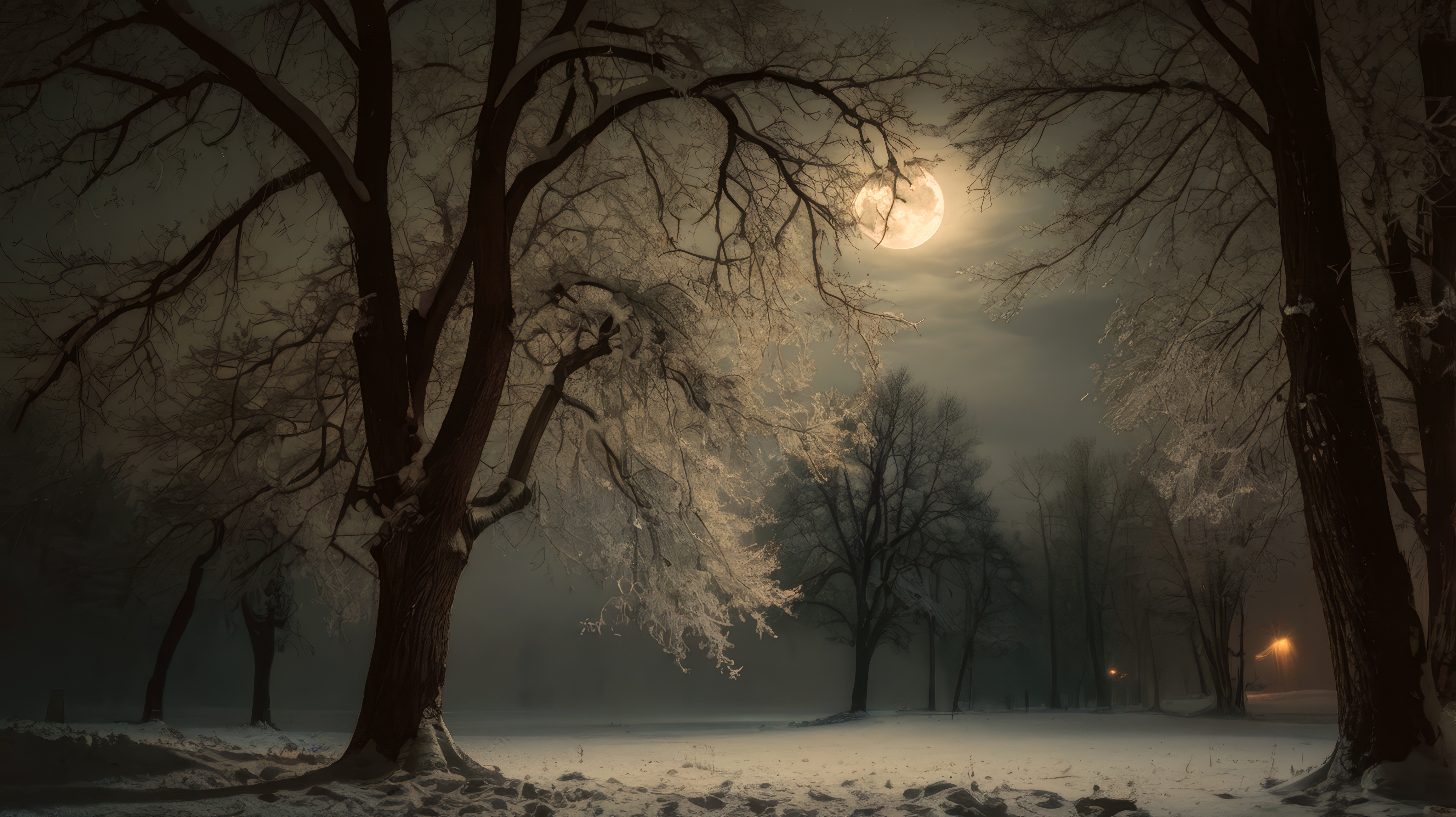 Бесплатное фото Тропинка, ведущая через заснеженный лес с голыми деревьями