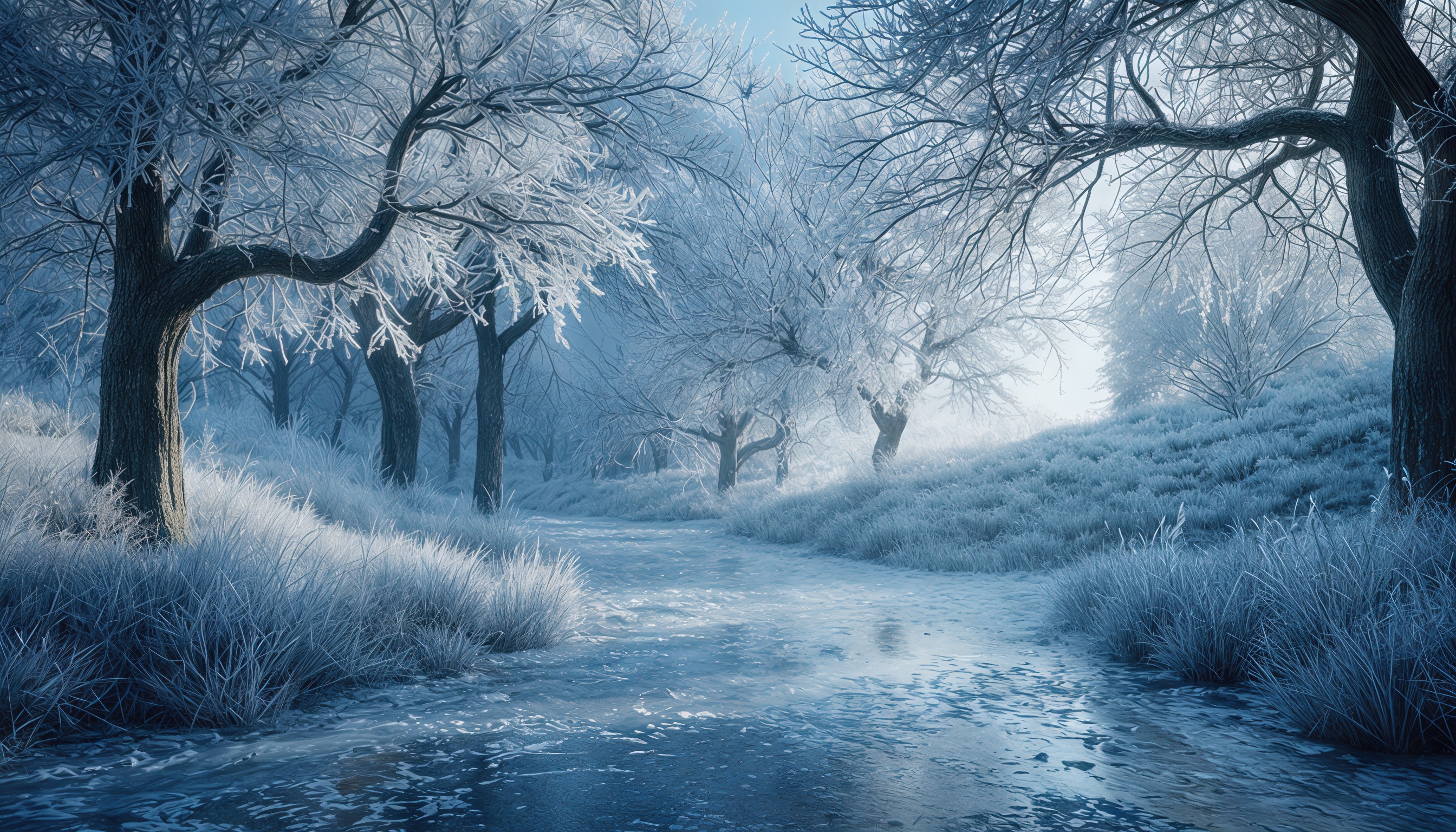 Free photo Winter forest in the rays of the sun: frost on the branches, a stream glistens, silence all around.