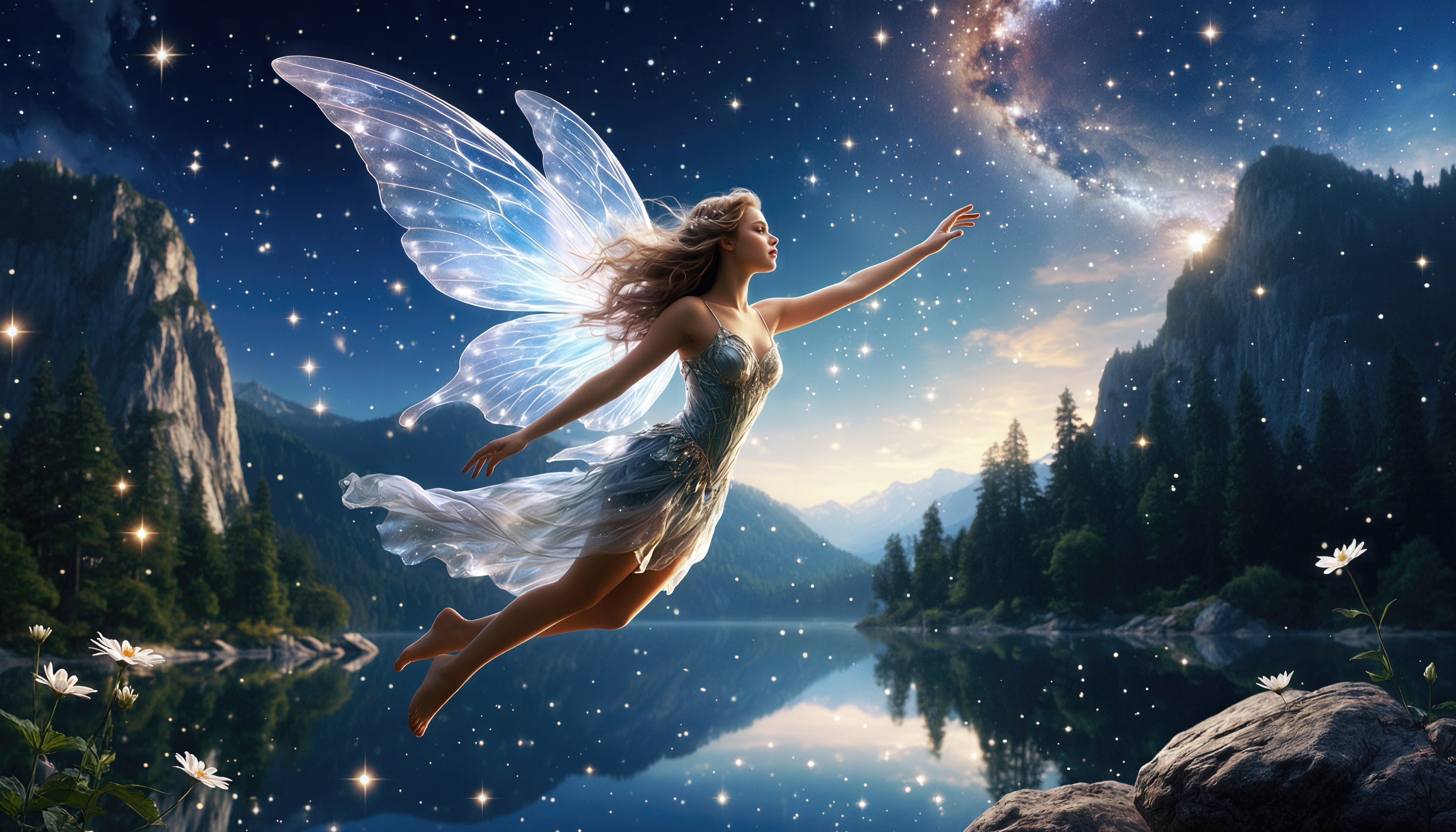 Бесплатное фото Фея с прозрачными крыльями парит над горным озером под звёздным небом.