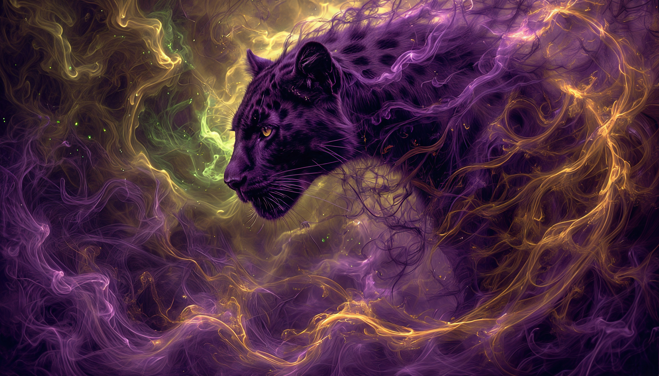 Бесплатное фото Чёрная пантера в профиль растворяется в вихре фиолетово-жёлтого дыма, излучая мистическую силу.