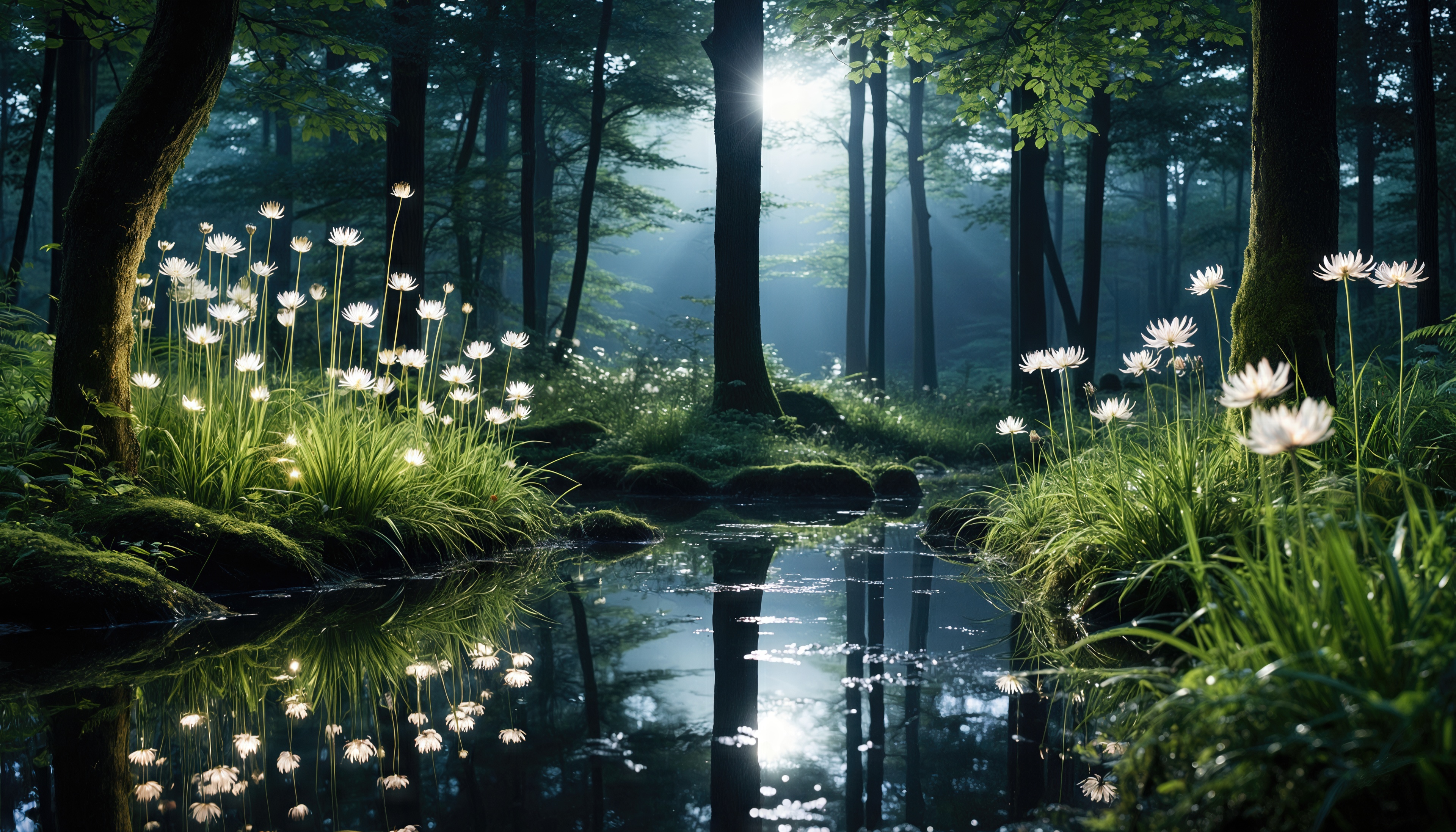 Free photo A picturesque forest landscape with a quiet pond, a mirror image and delicate primroses in the misty haze of dawn.