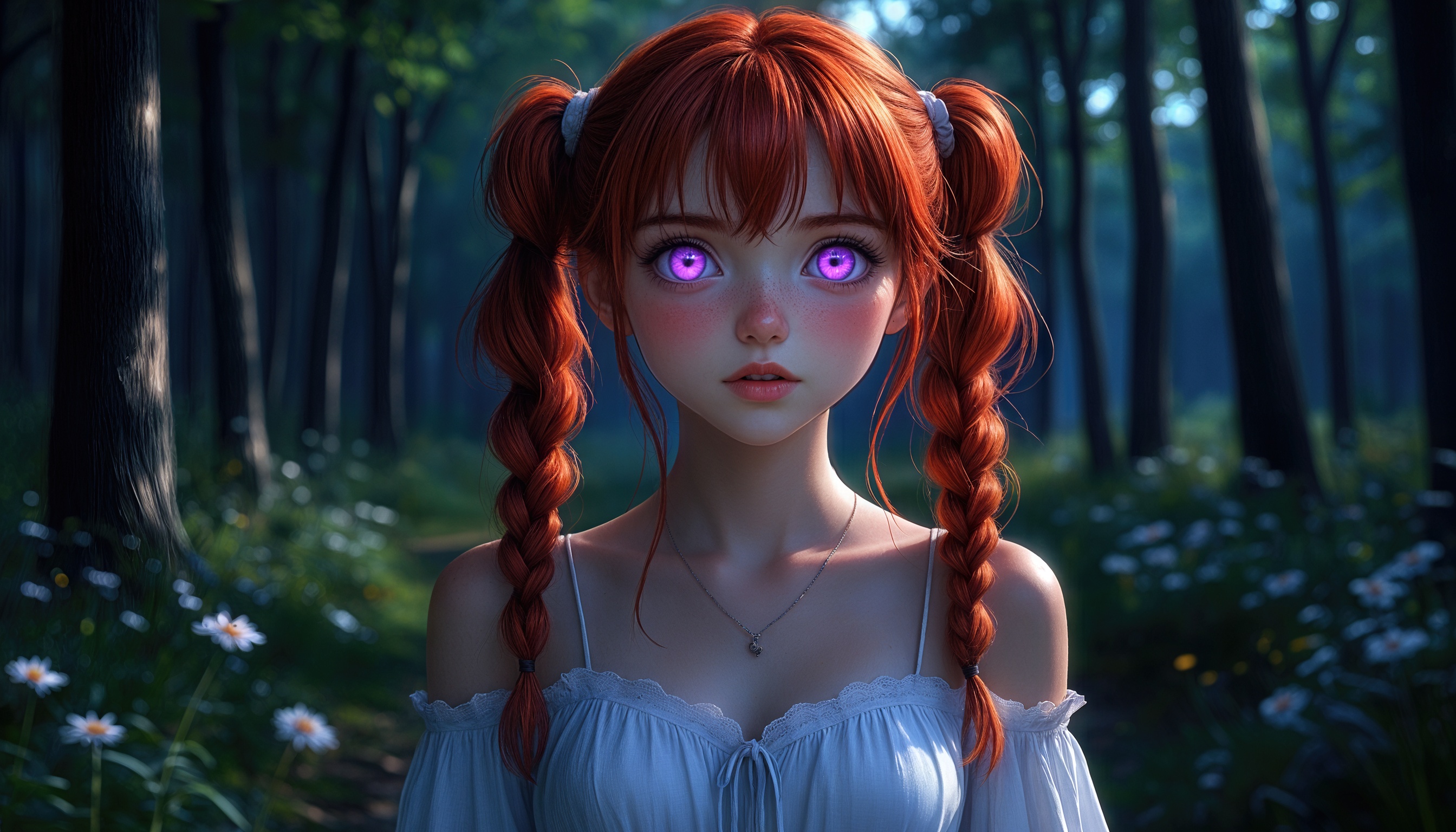 Юная аниме-девушка с фиолетовыми глазами на лесной поляне.