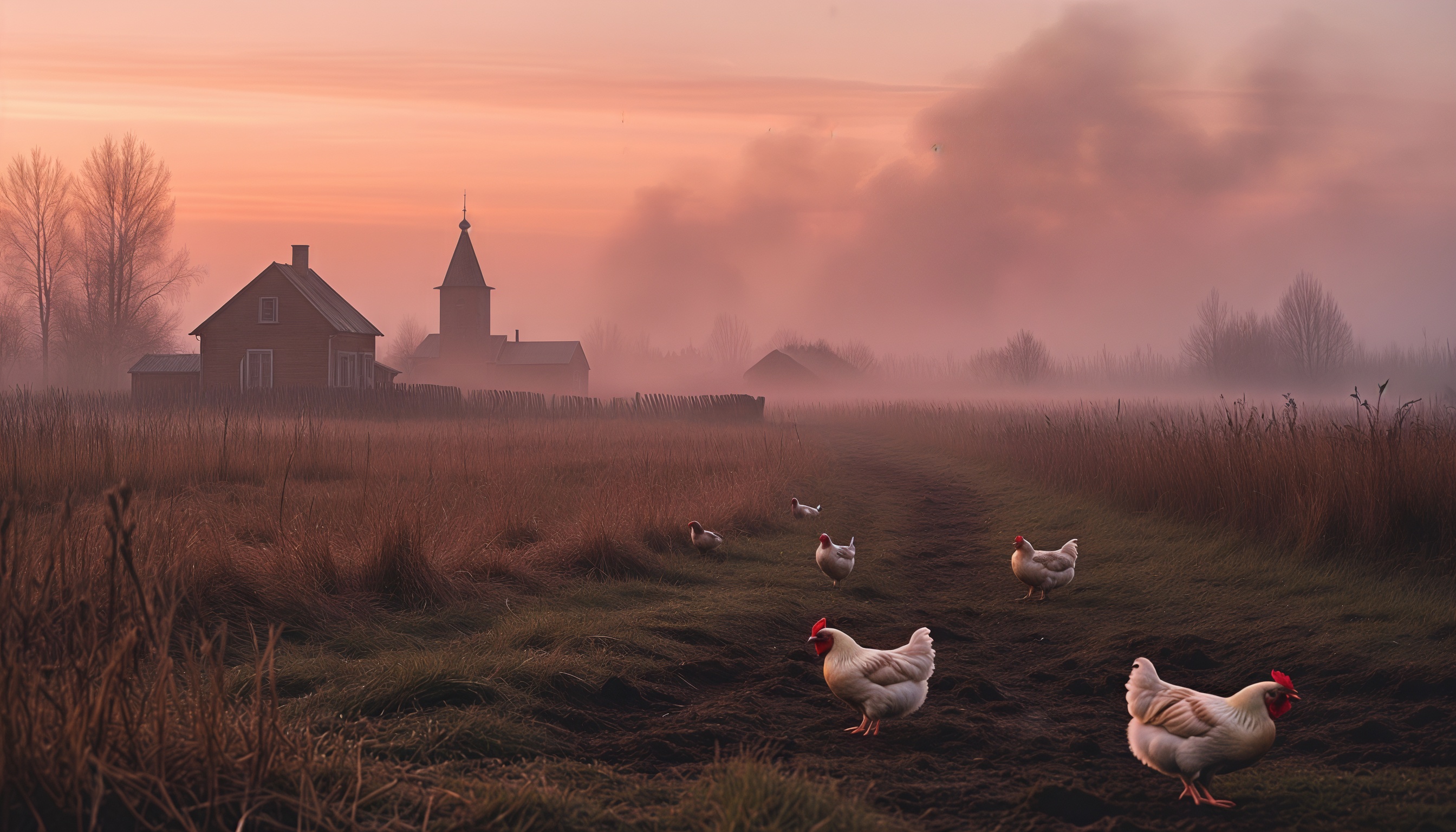 Бесплатное фото Сельский пейзаж с курами на переднем плане, церковью и домами на заднем плане, окутанными утренним туманом.