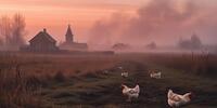 Сельский пейзаж с курами на переднем плане, церковью и домами на заднем плане, окутанными утренним туманом.
