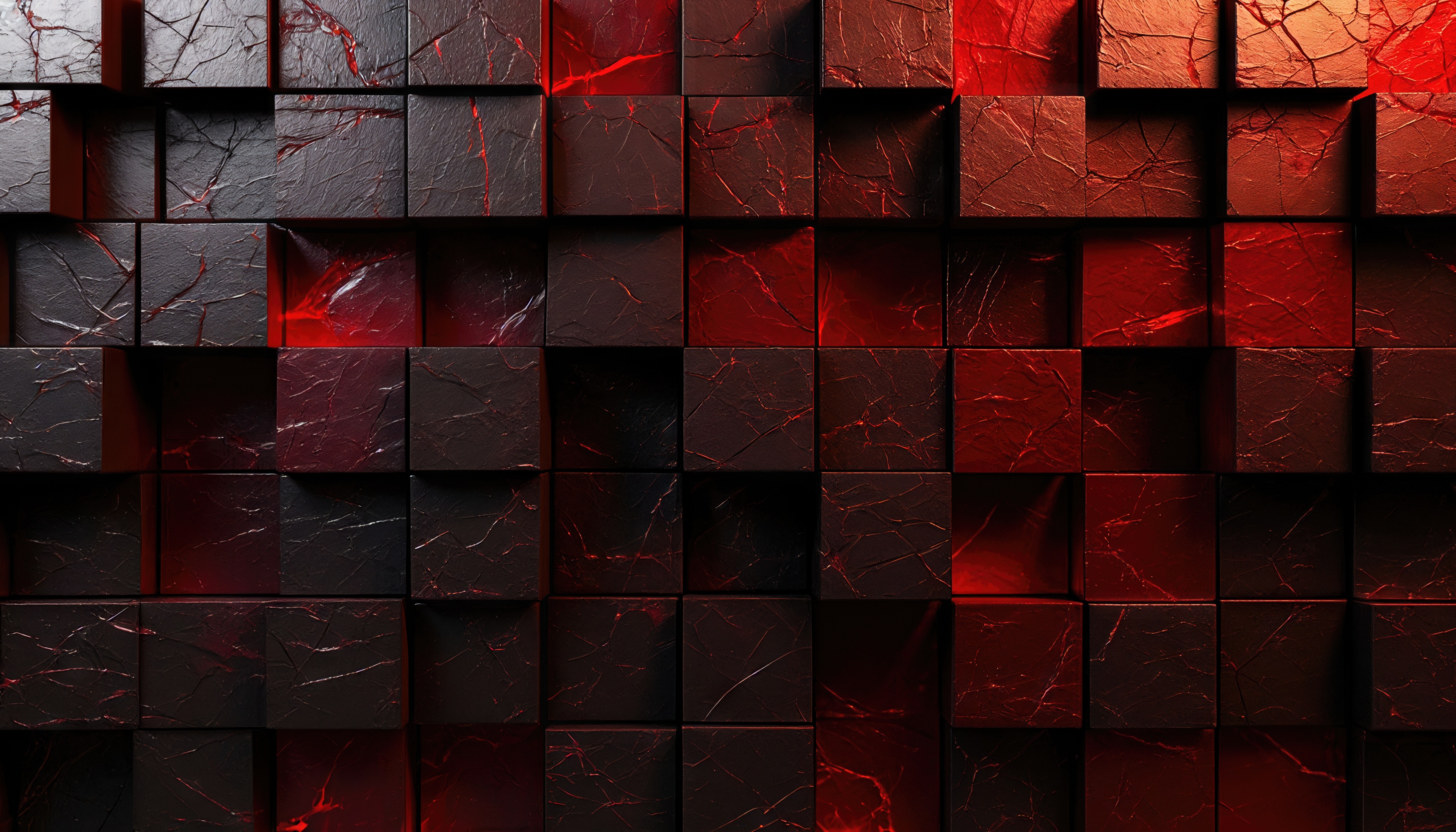 Free photo An abstract wall of black stone cubes with a cracked texture and fiery red lighting.
