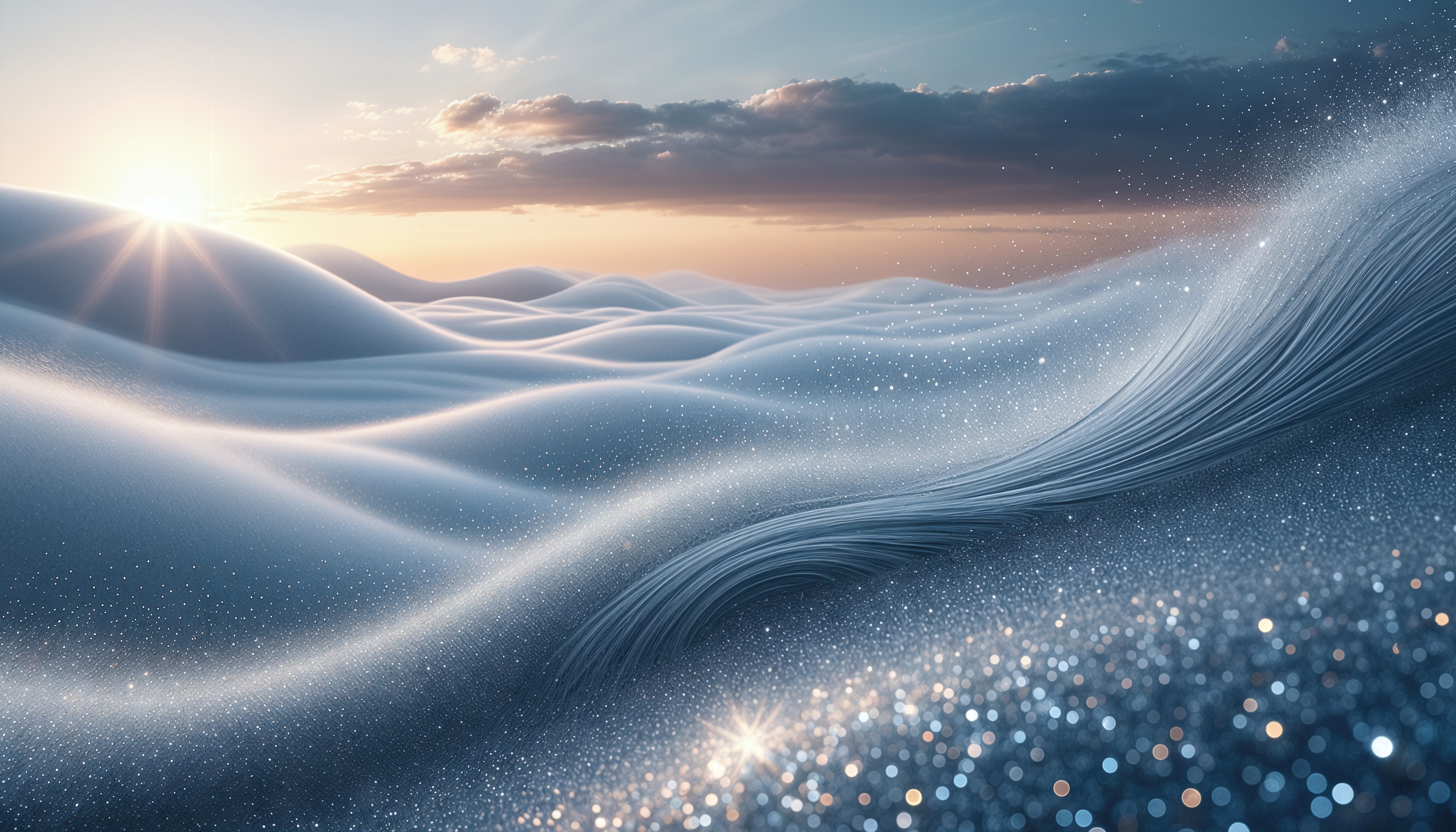 Бесплатное фото Абстрактный пейзаж с песчаными дюнами, волнами и светящимися частицами на фоне заката.