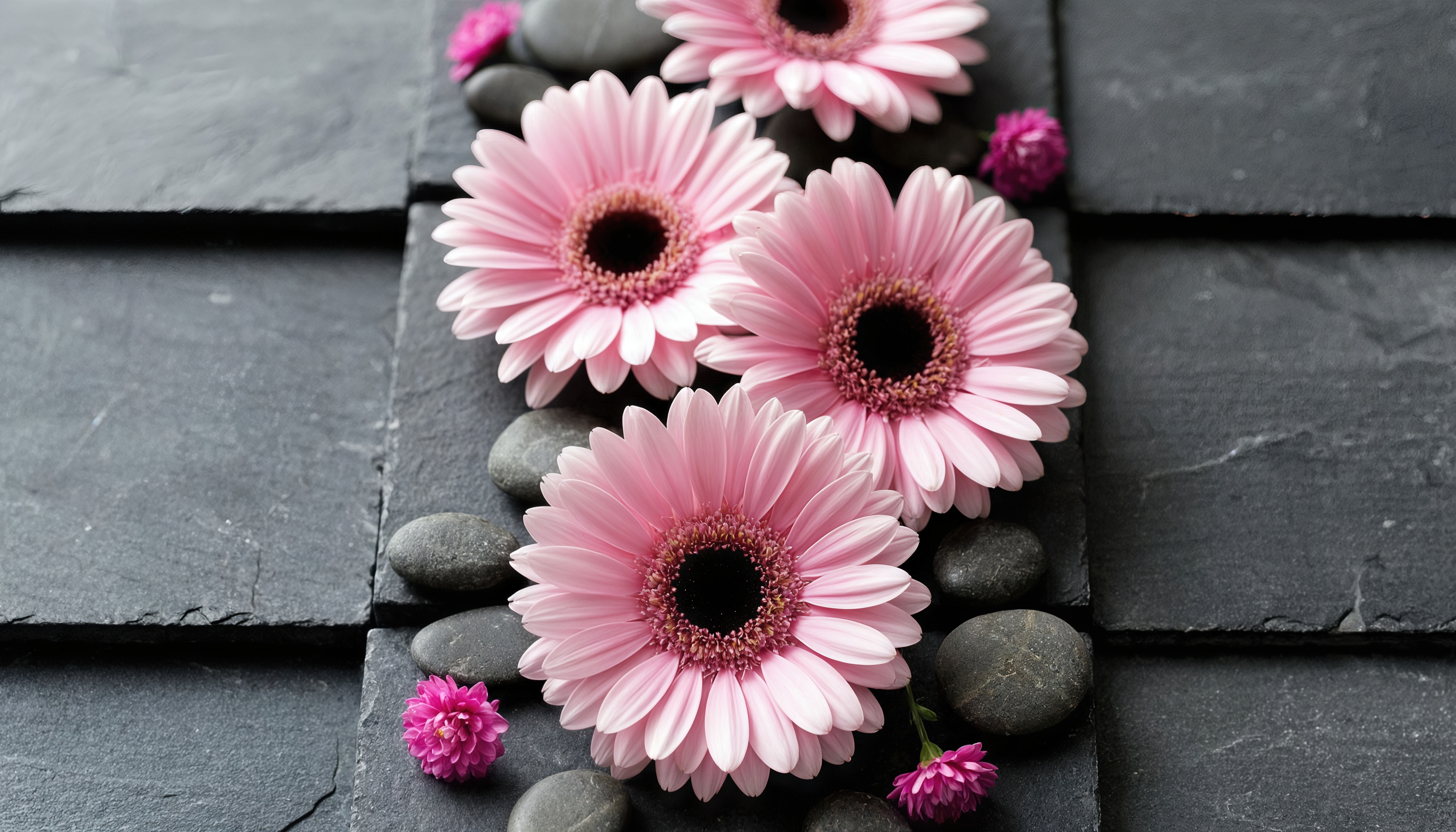 Эстетика спокойствия: герберы и тёмные камни.