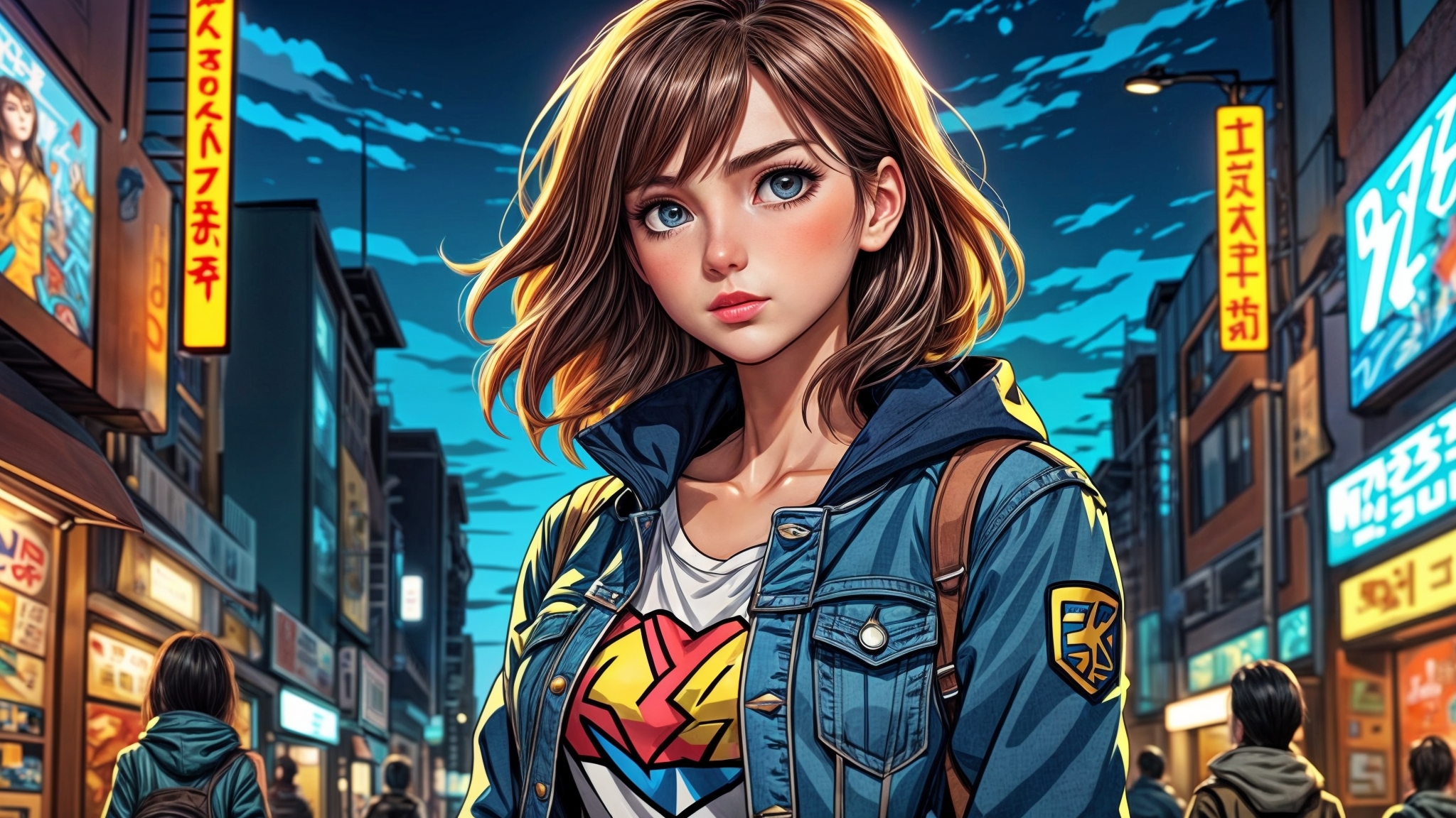 Drawing a portrait of a girl in a denim jacket on a city street