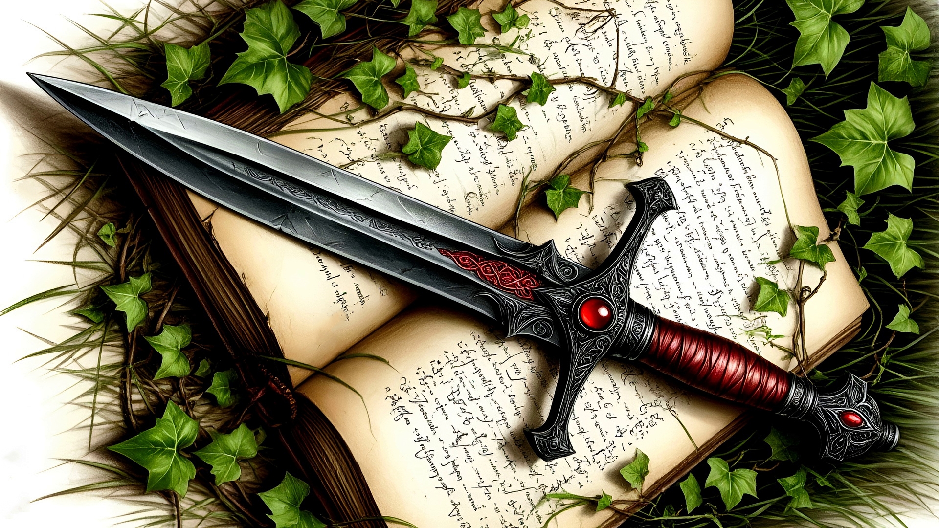 Кинжал и книга оплетенные зелеными листьями