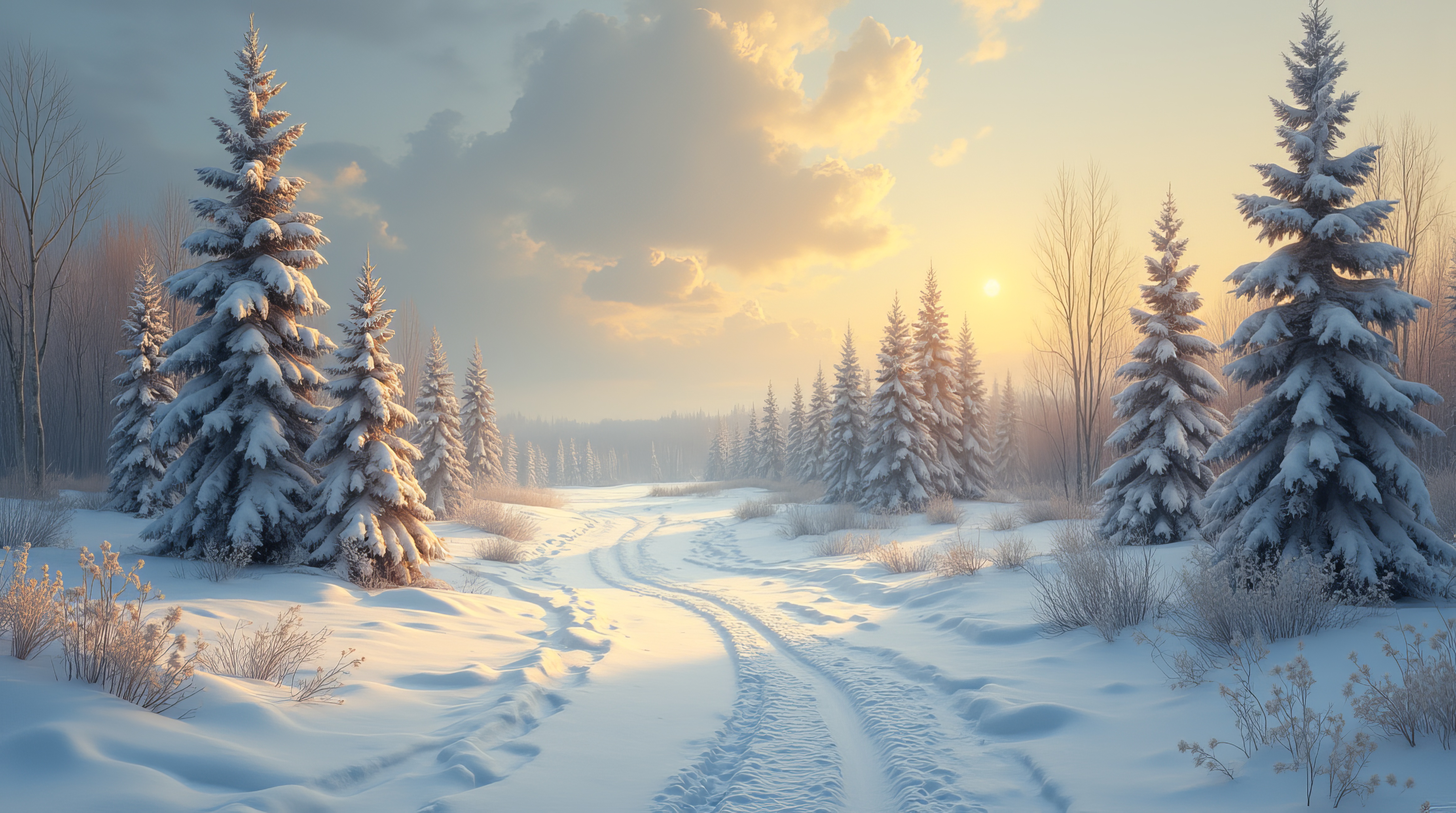 Бесплатное фото Зимняя страна чудес с заснеженными деревьями и закатом