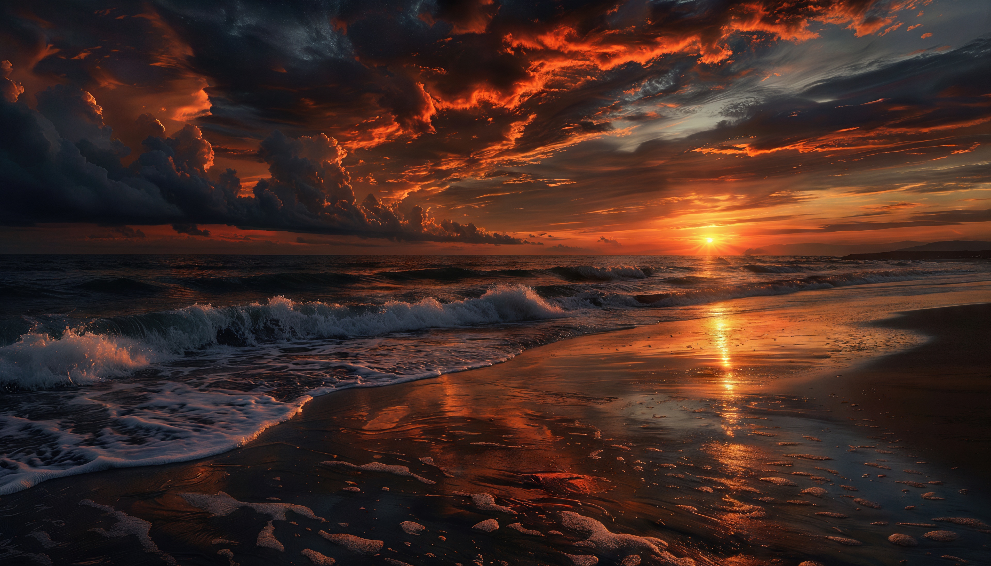 Free photo Sunset over the sea: waves, foam and fiery sky.