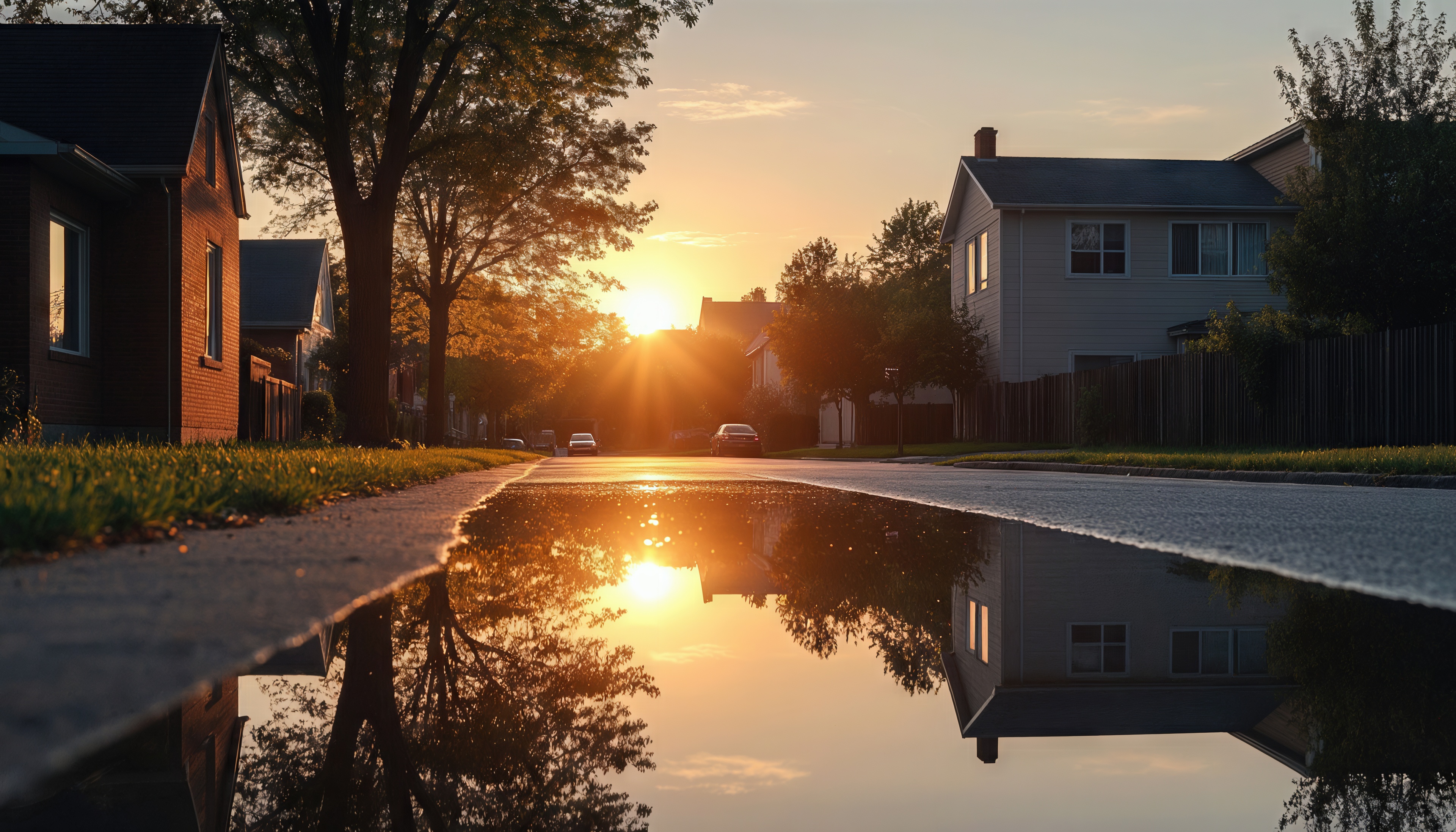 Бесплатное фото Закатное солнце отражается в луже на тихой пригородной улице среди домов.