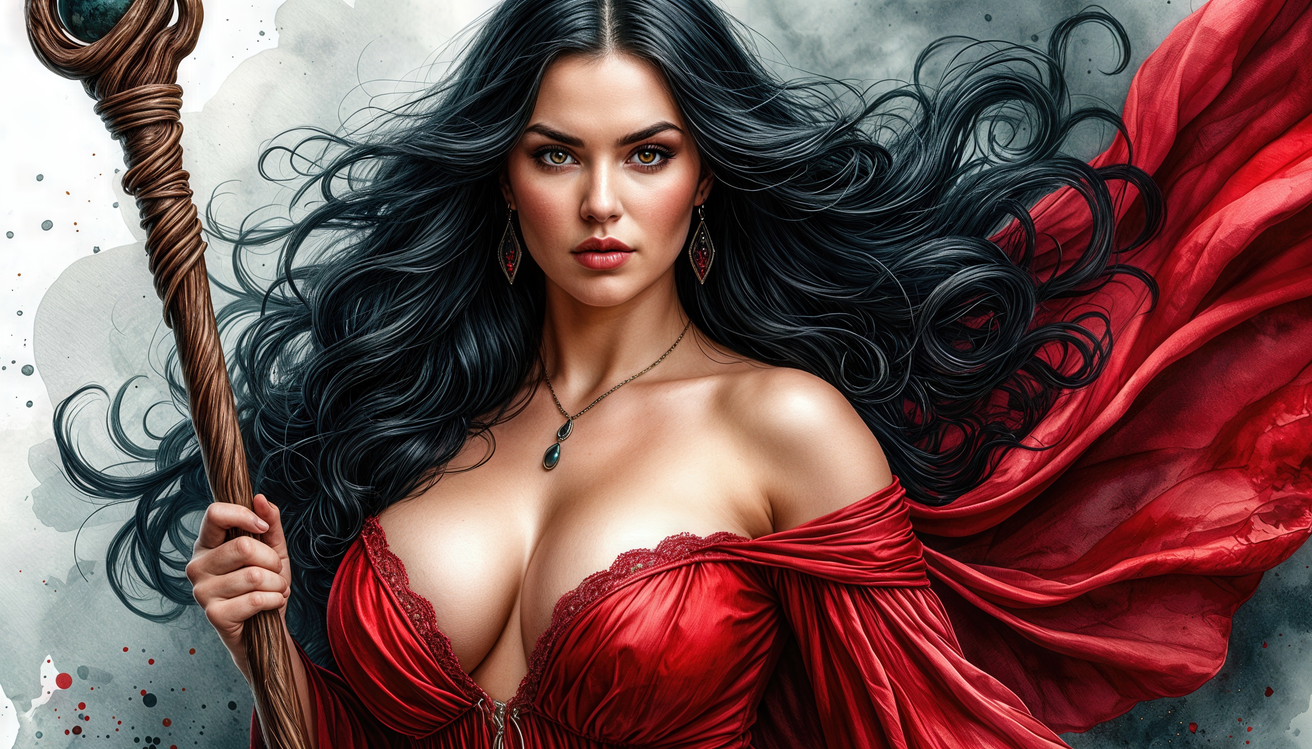 Бесплатное фото Алая ведьма с темными волосами, в красном платье и с магическим посохом.