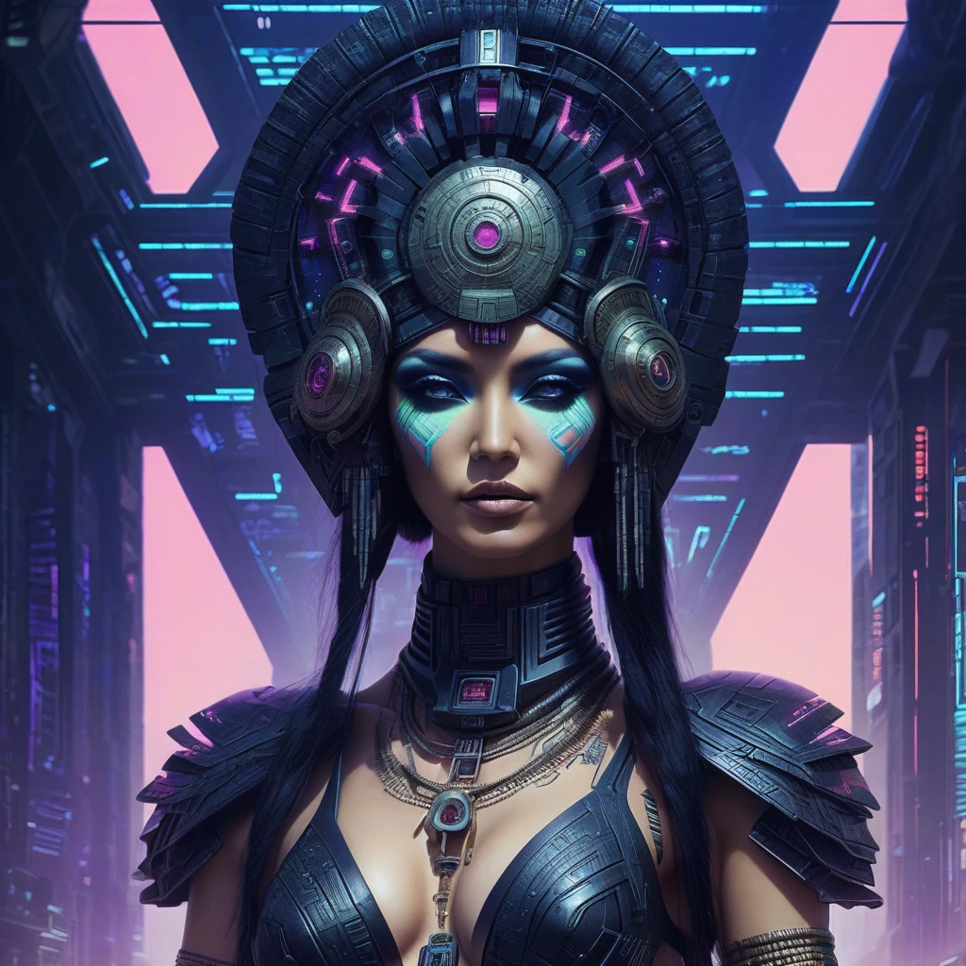 Бесплатное фото Шумерская богиня в киберпанковом мире