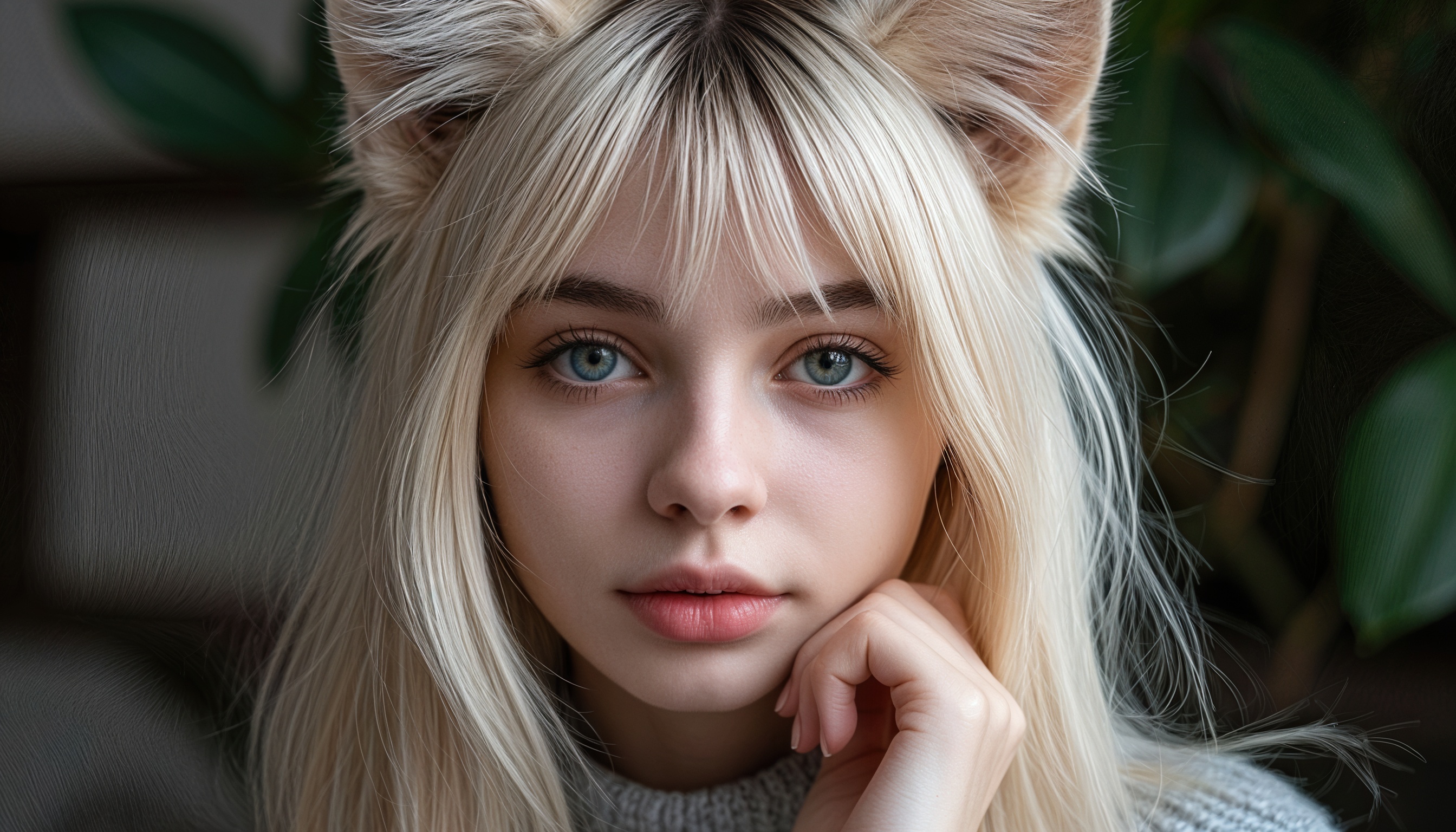 Бесплатное фото Нэко-девушка с кошачьими ушами, голубыми глазами и светлыми волосами на размытом фоне с зелеными листьями.