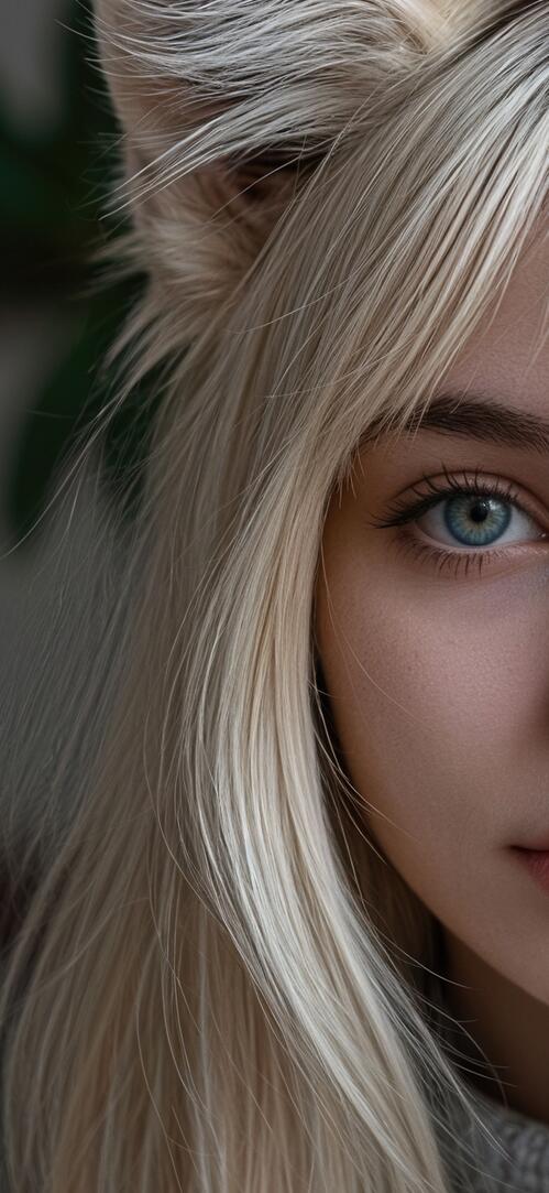 Бесплатное фото Нэко-девушка с кошачьими ушами, голубыми глазами и светлыми волосами на размытом фоне с зелеными листьями.