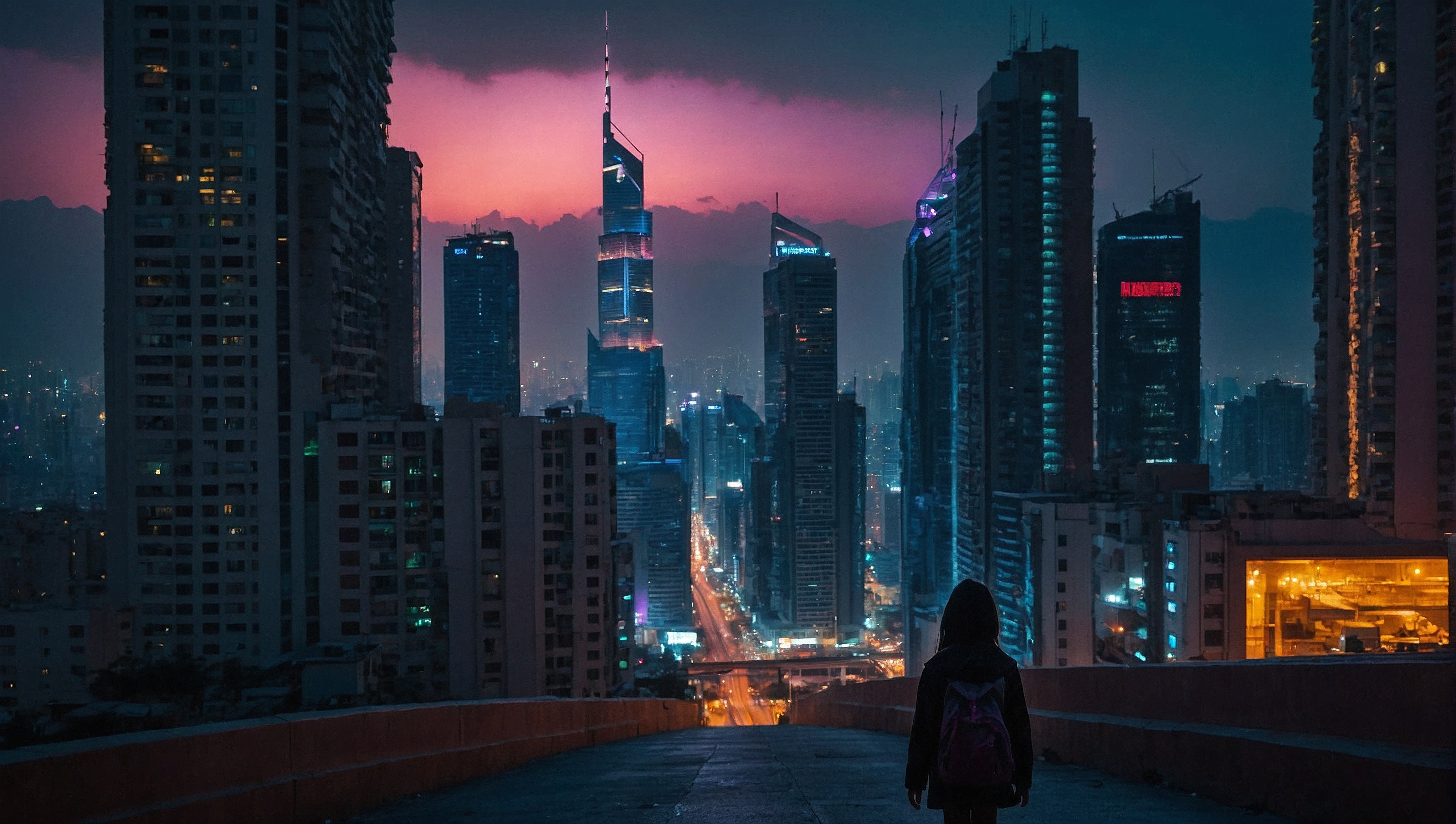 Free photo A man stands on a bridge and looks out over the city.