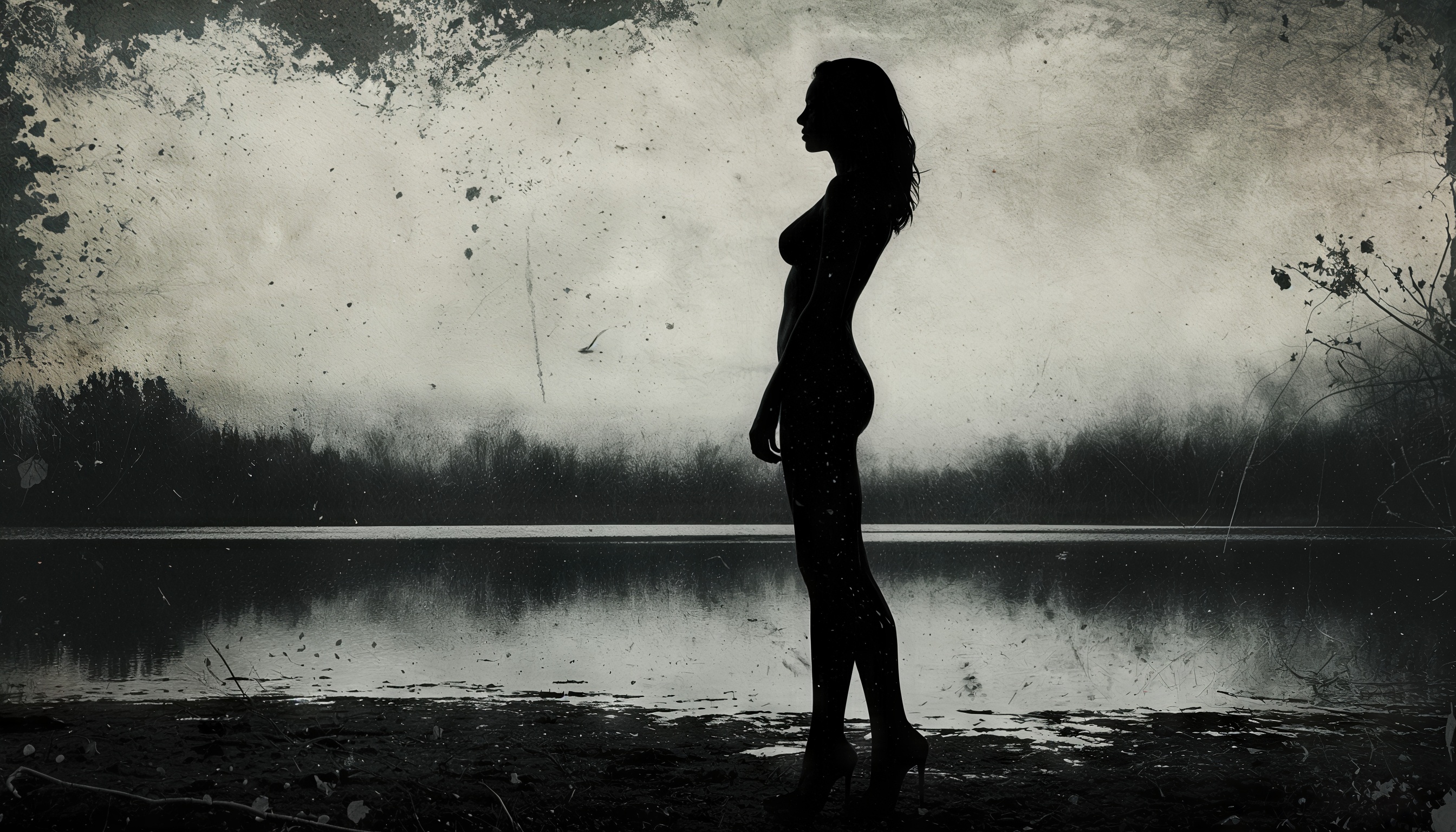 Силуэт девушки на берегу водоема в туфлях на высоком каблуке.