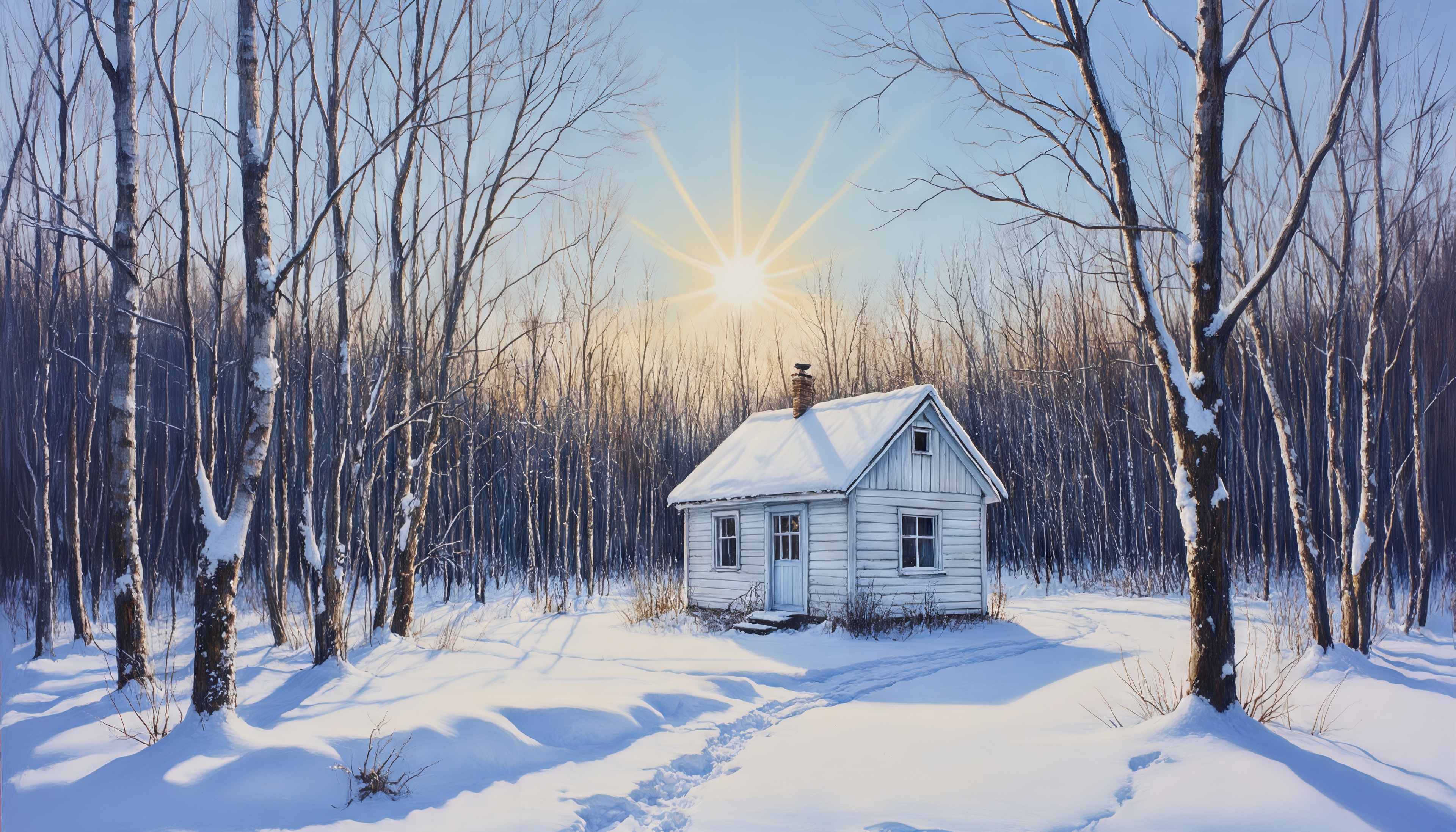 Бесплатное фото Уютный домик в заснеженном лесу под лучами зимнего солнца.