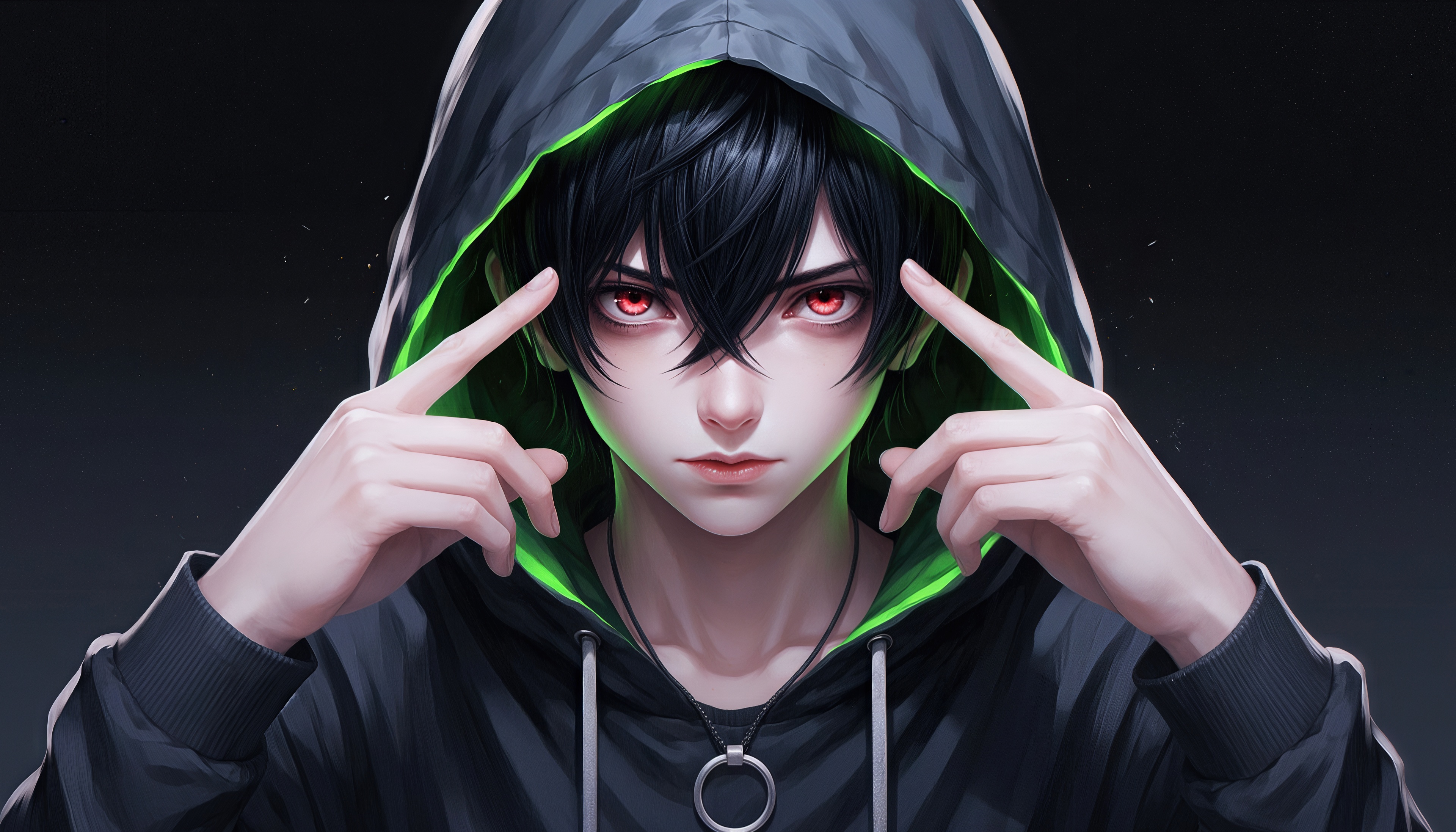 Free photo Anime guy in a black hoodie with green lining, hypnotic red eyes.