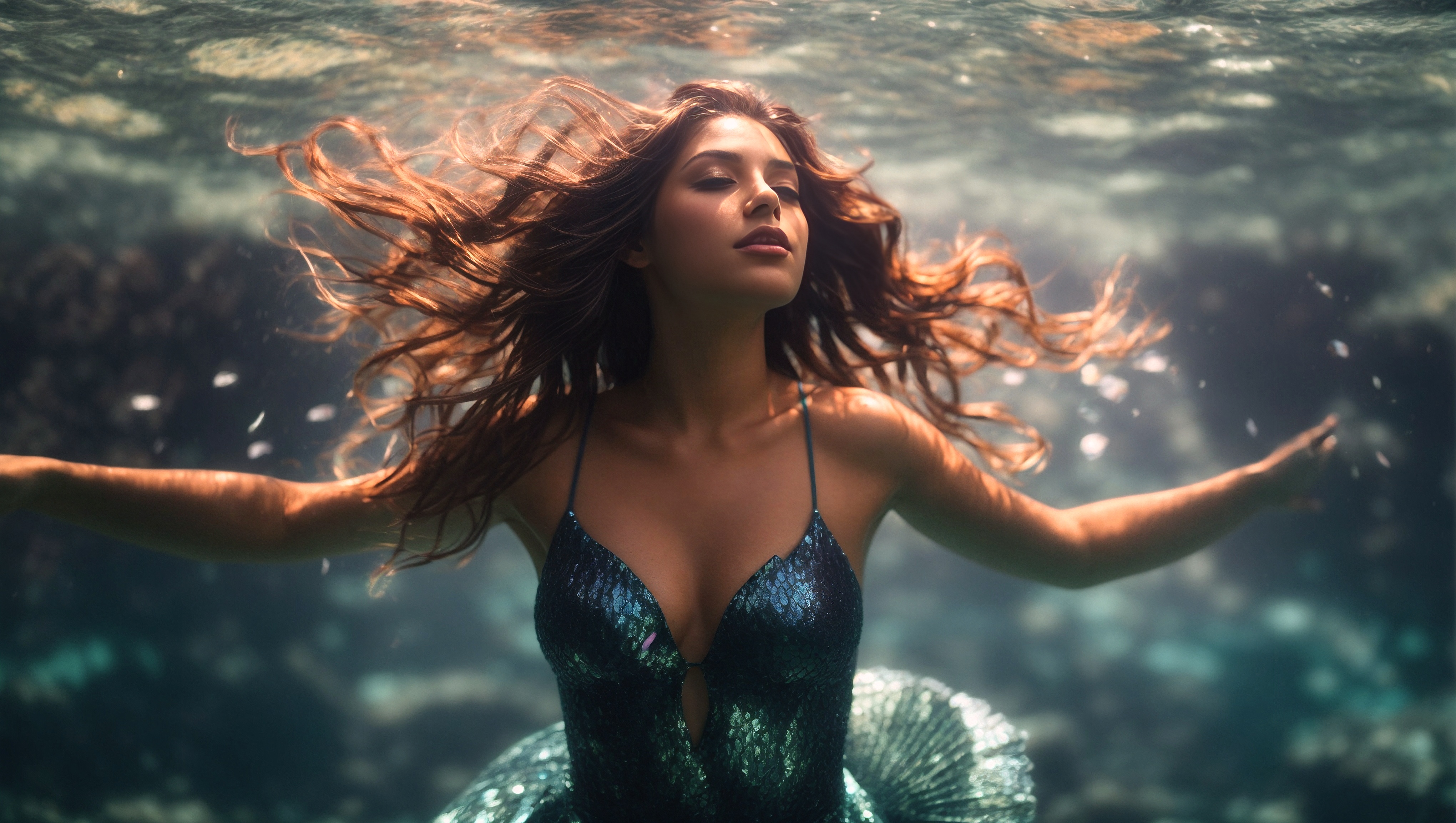 Free photo A girl in a blue sequin dress is in a sea