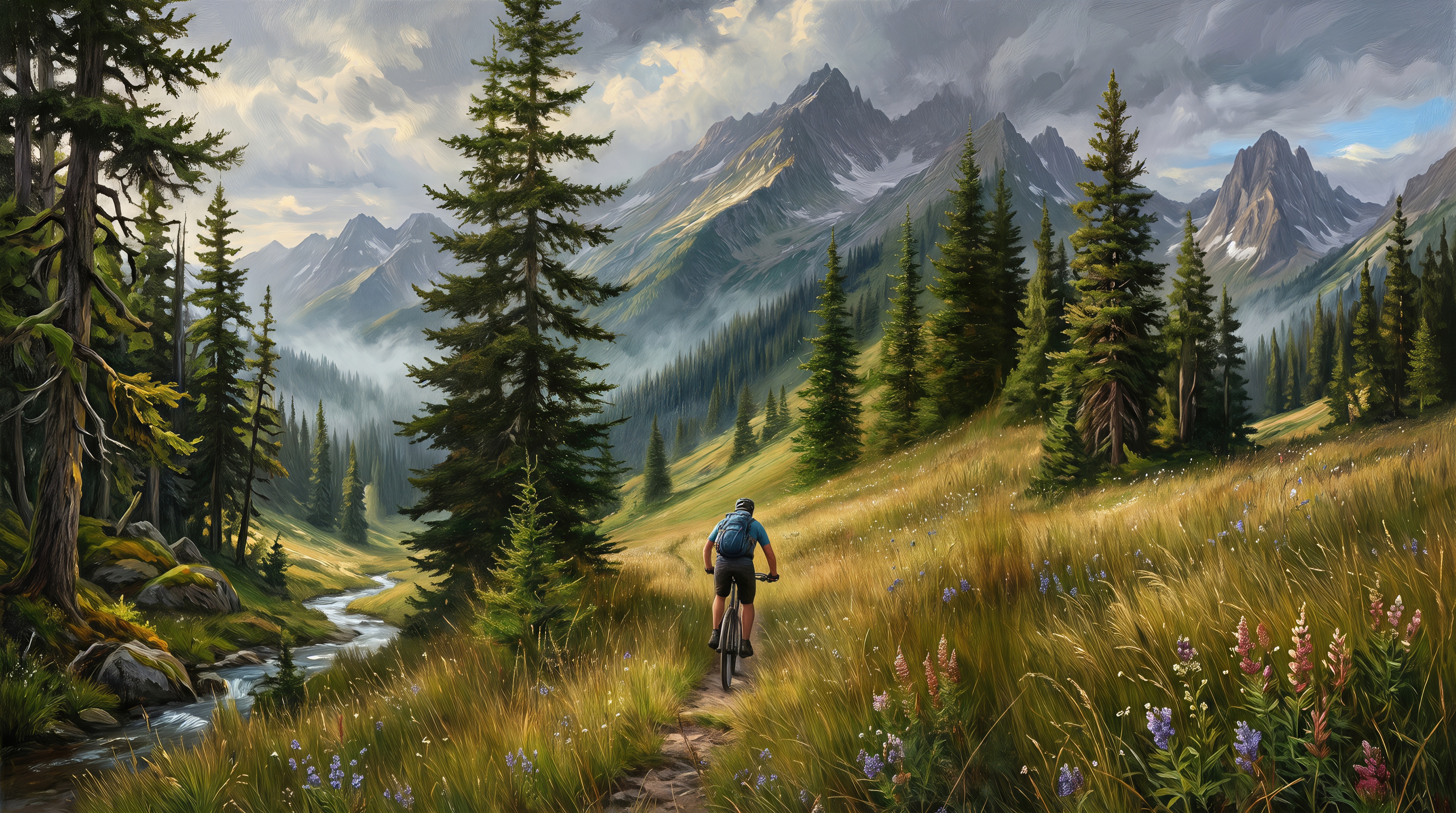 Free photo Beautiful AI art with wide brush strokes depicts a cyclist on a mountain path among pines and flowers.