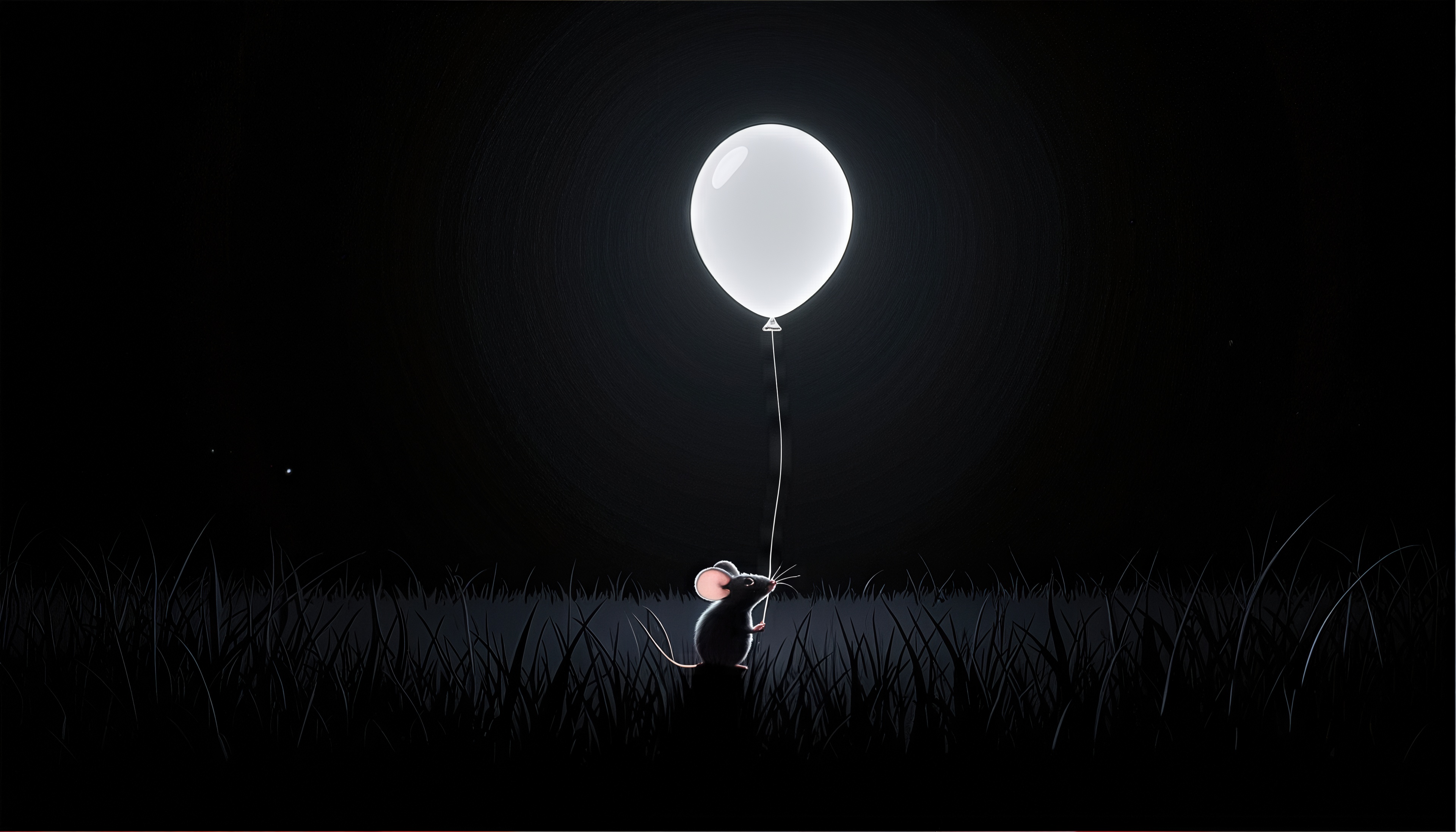 Free photo The mouse holds a glowing balloon in the middle of the dark grass.