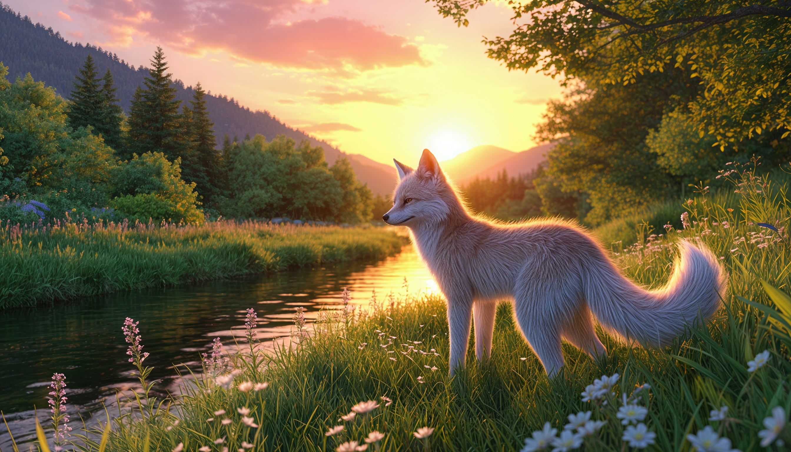 Бесплатное фото Лиса с пушистым хвостом стоит у реки на закате, окружённая цветами и зеленью.