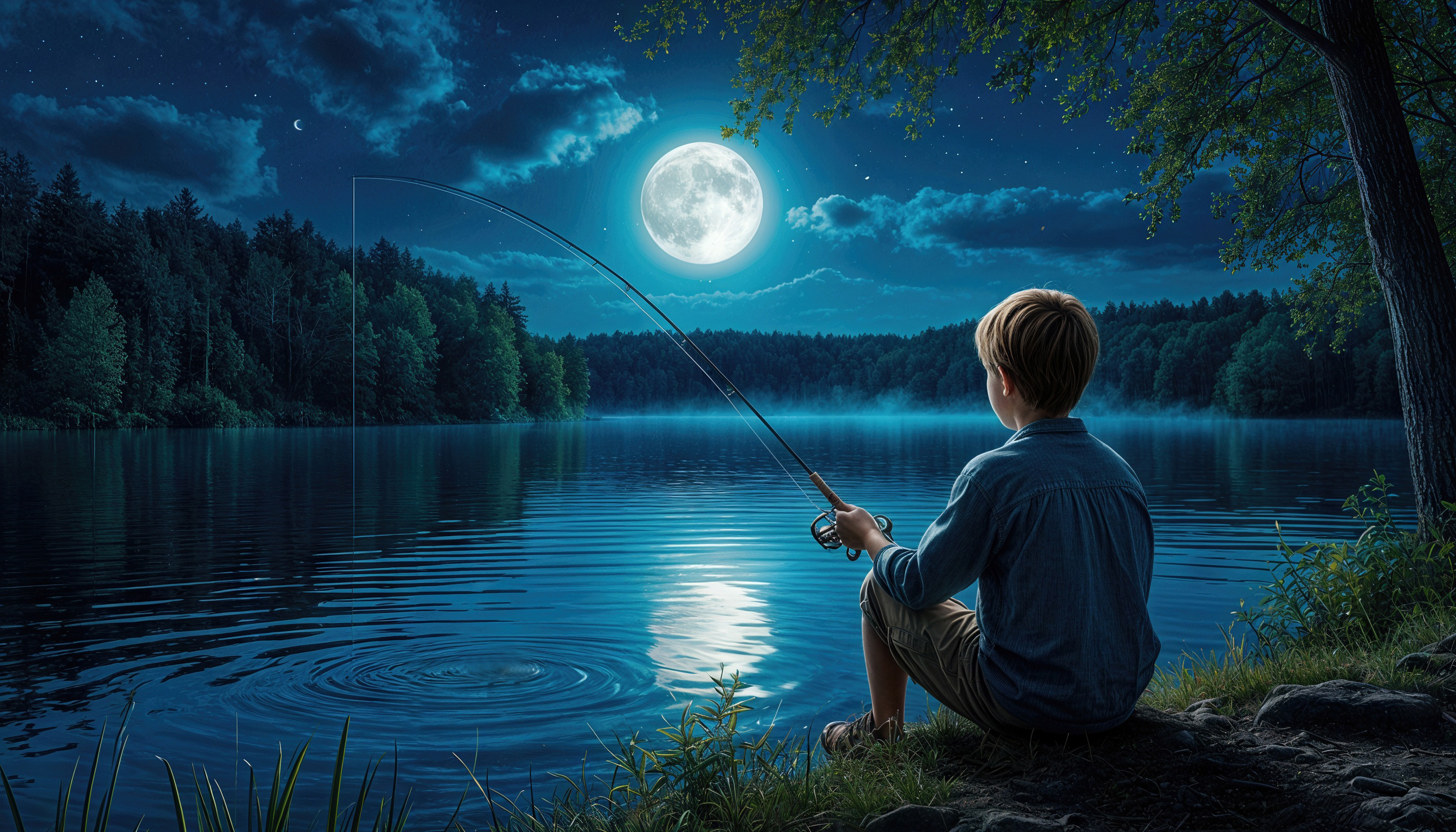 Мальчик ловит рыбу ночью на озере при свете полной луны.