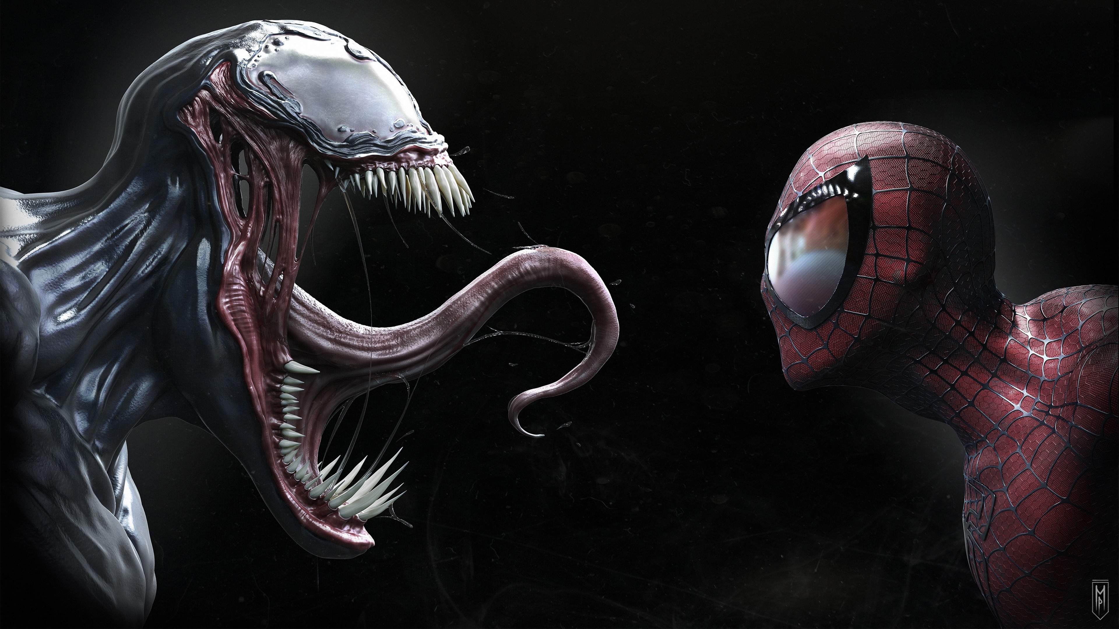 Free photo Venom forgiving Spider-Man on black background