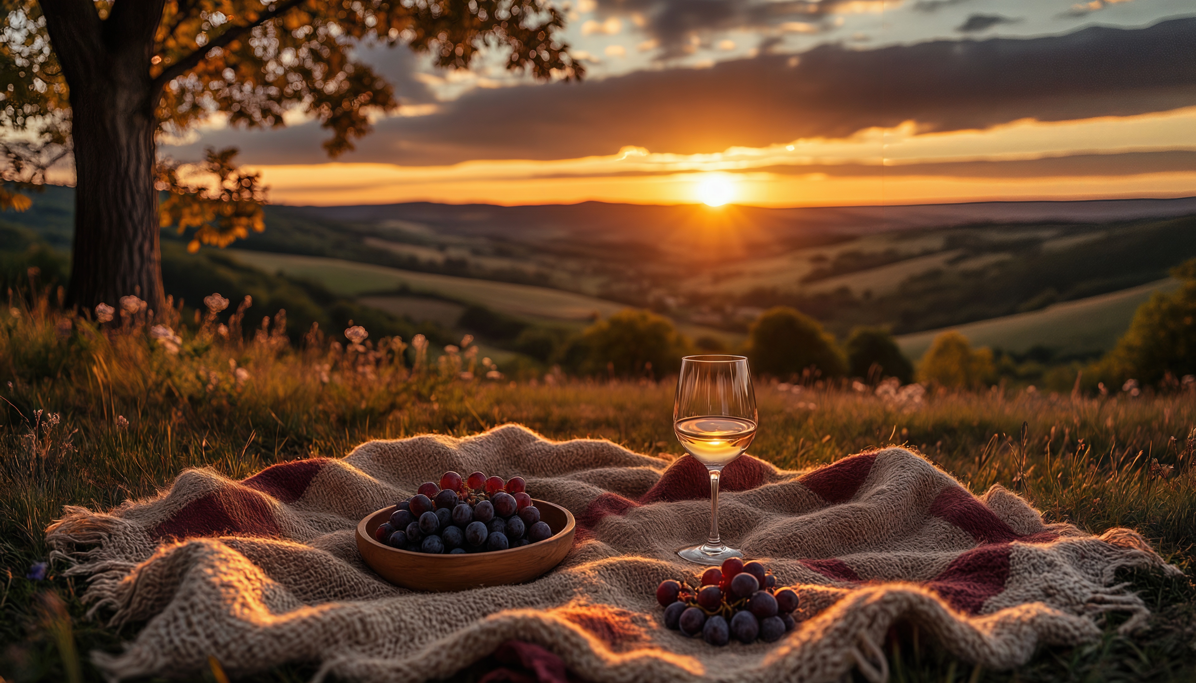 Бесплатное фото Романтический пикник на закате: плед, вино и виноград на фоне холмов.