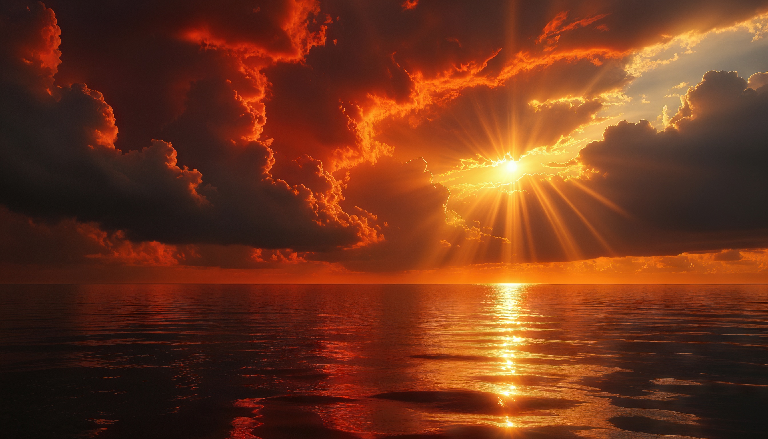 Закат, с солнцем, пробивающимся сквозь облака, создает волшебное и живописное отражение на спокойной воде.