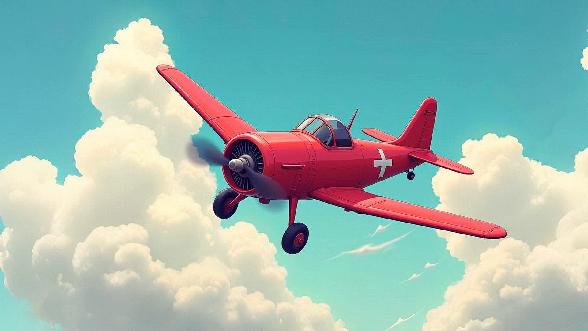 A red airplane flies in the blue sky