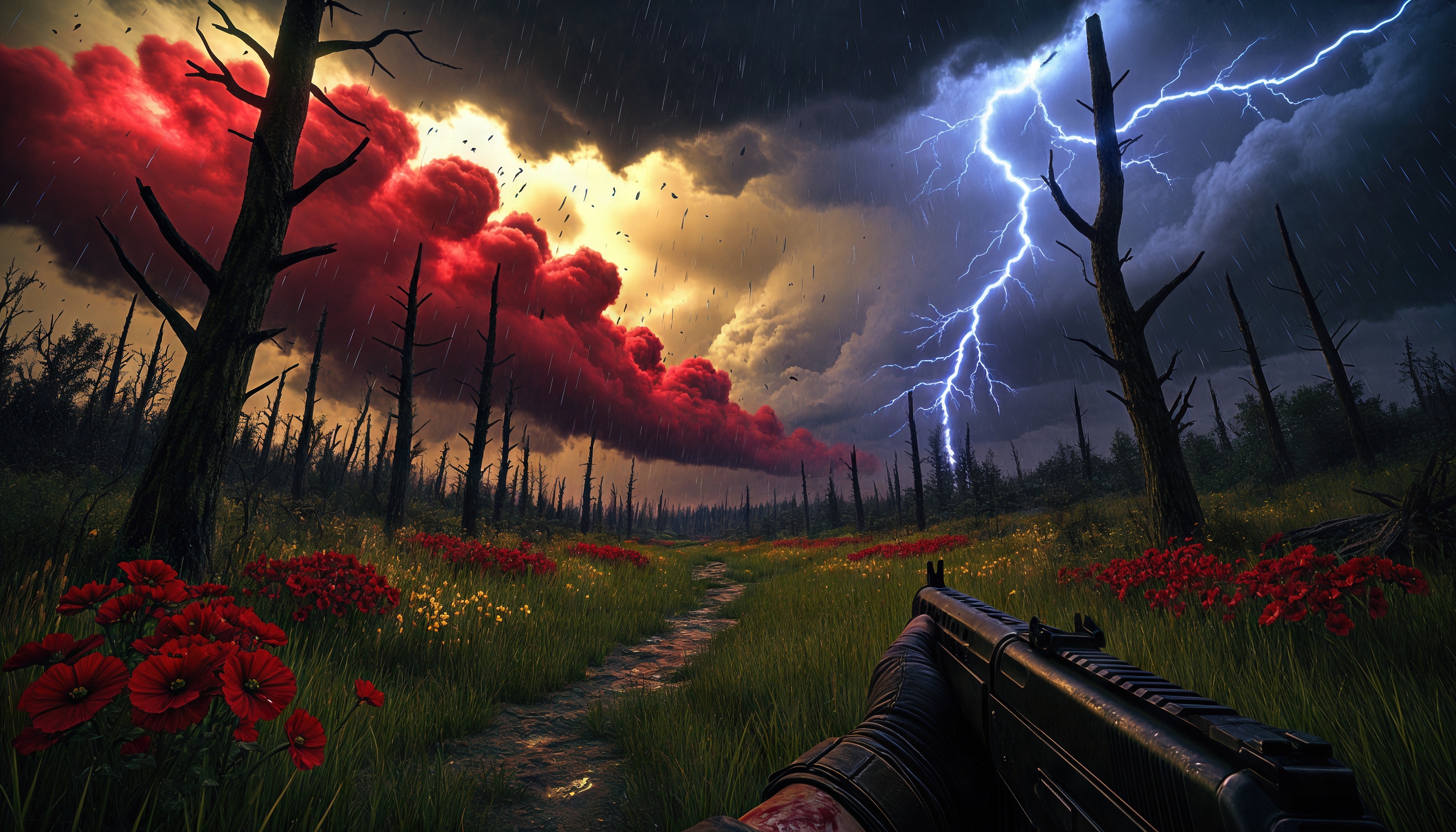 Постапокалиптический пейзаж с мертвым лесом, красными цветами, дымом и человеком с оружием.