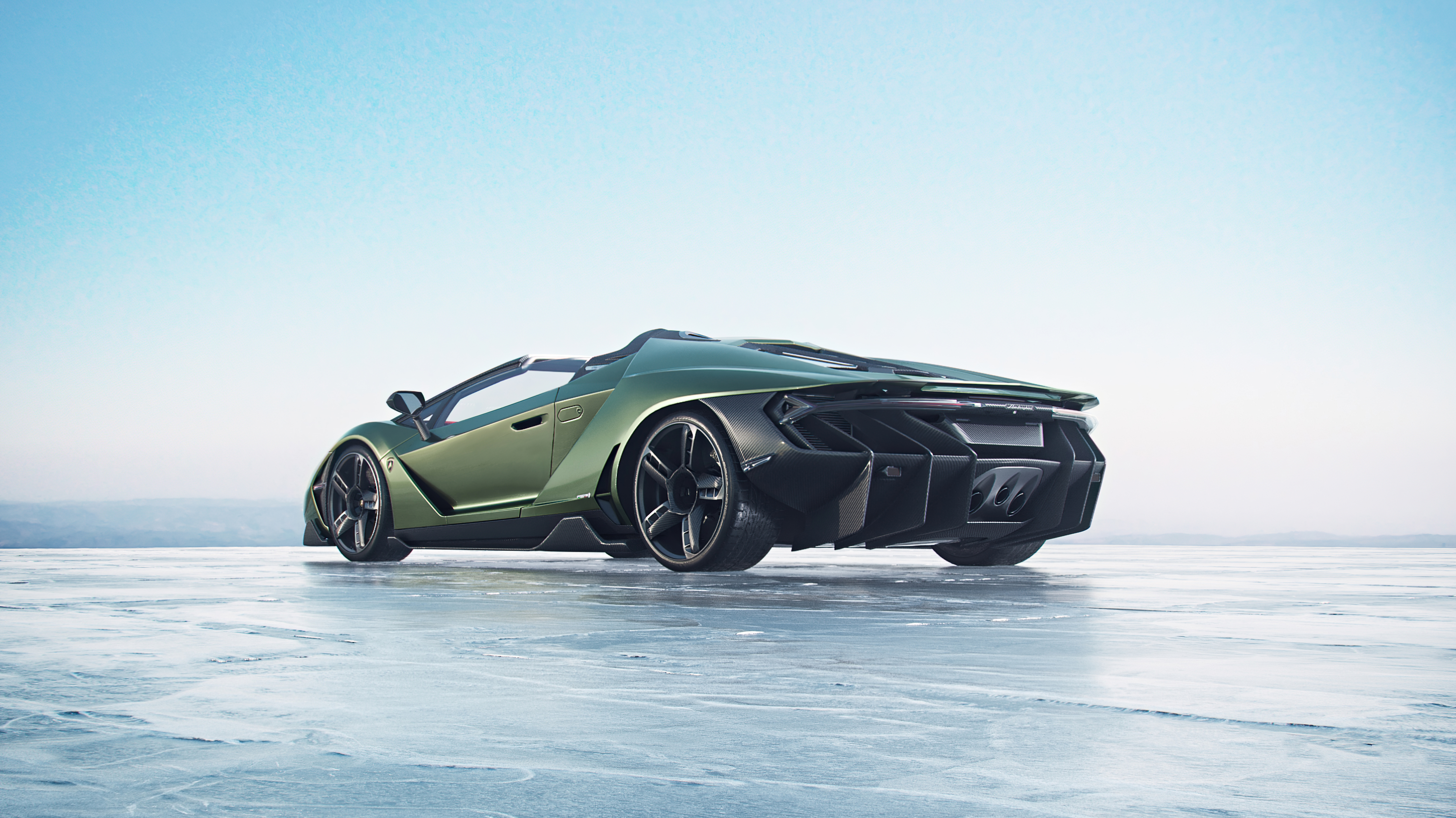 Lamborghini Centenario in matte green is on ice.