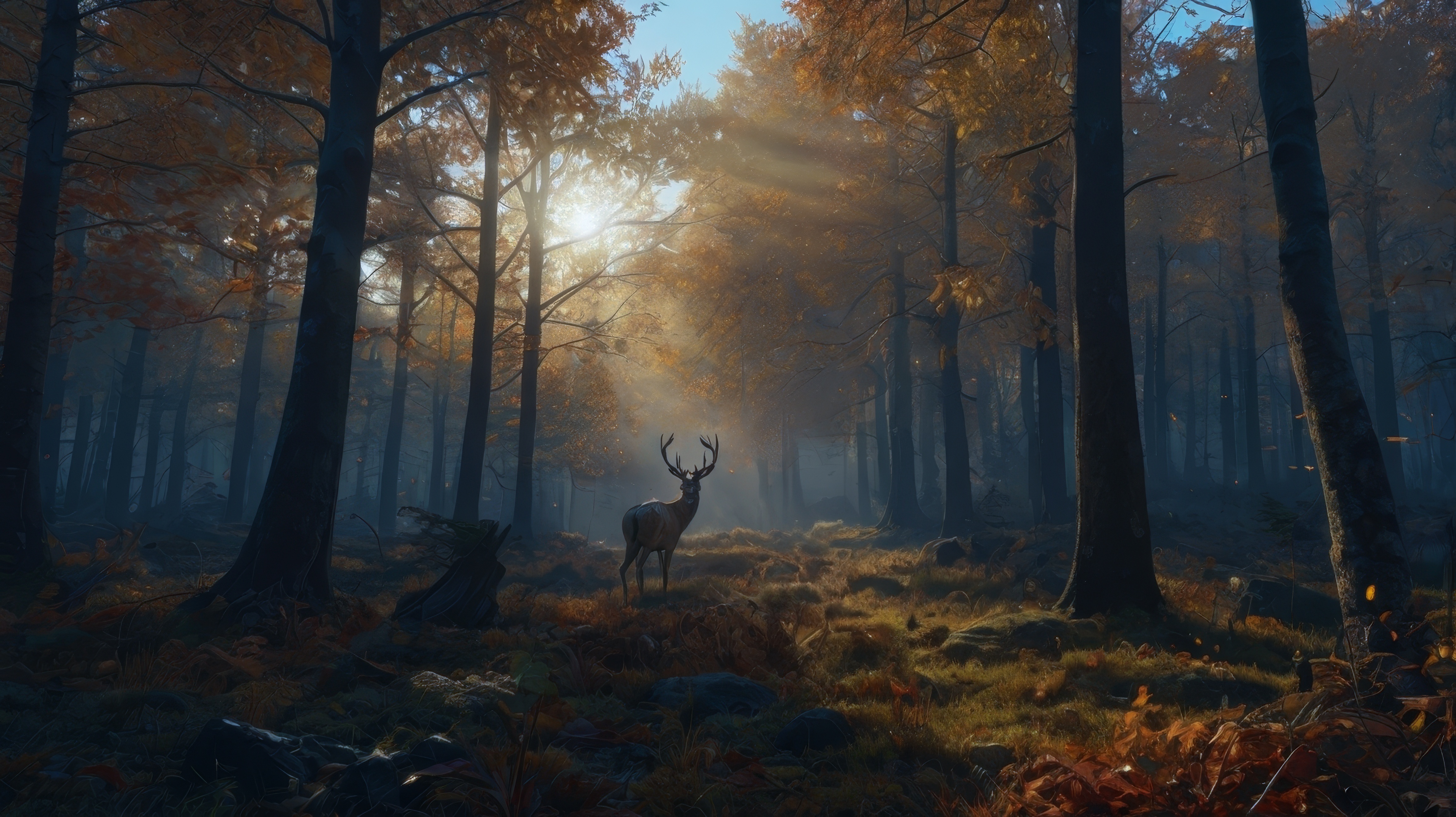 Бесплатное фото Олень идет по лесу под яркими лучами