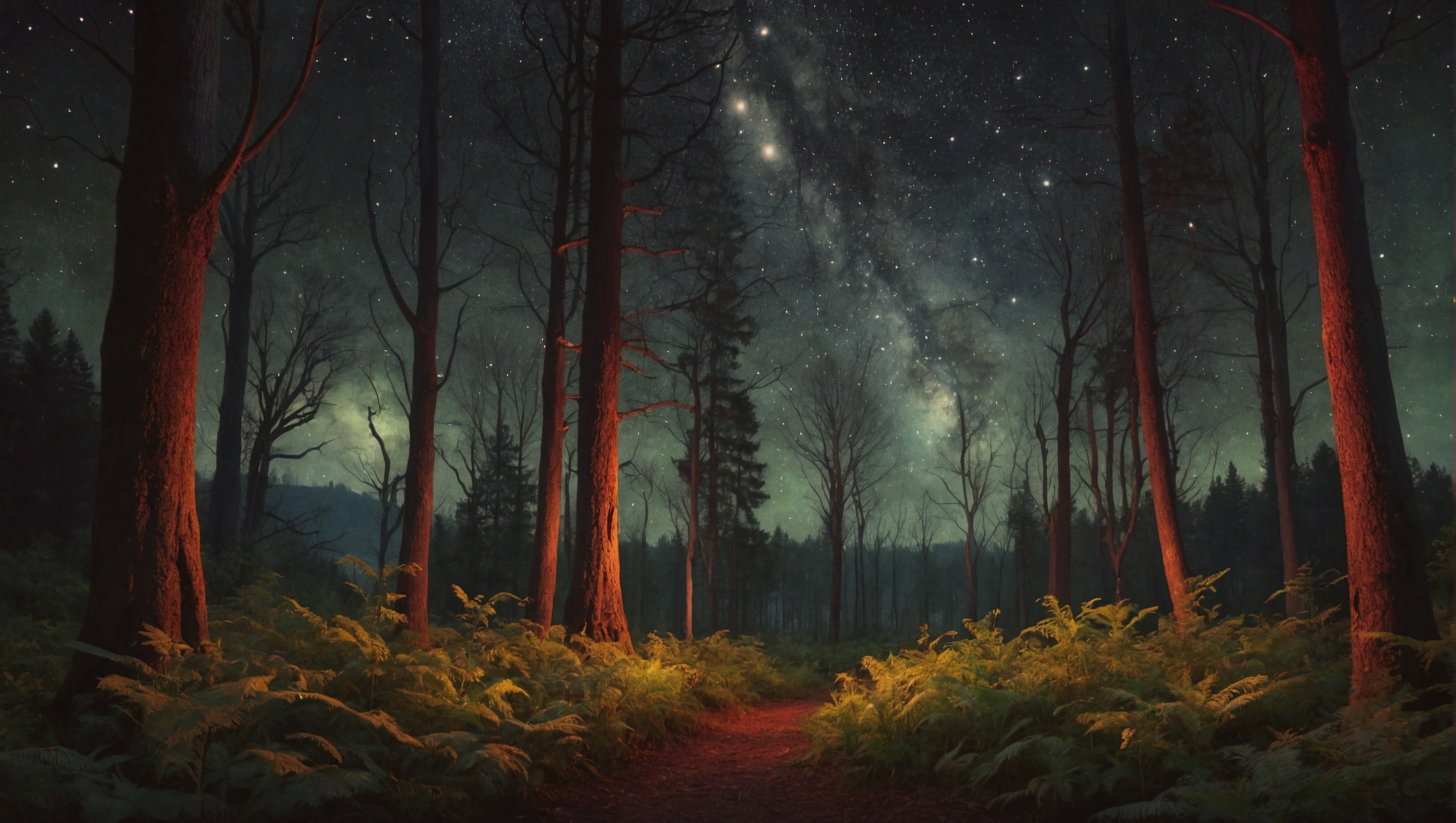 A path through the woods and stars in the night sky.