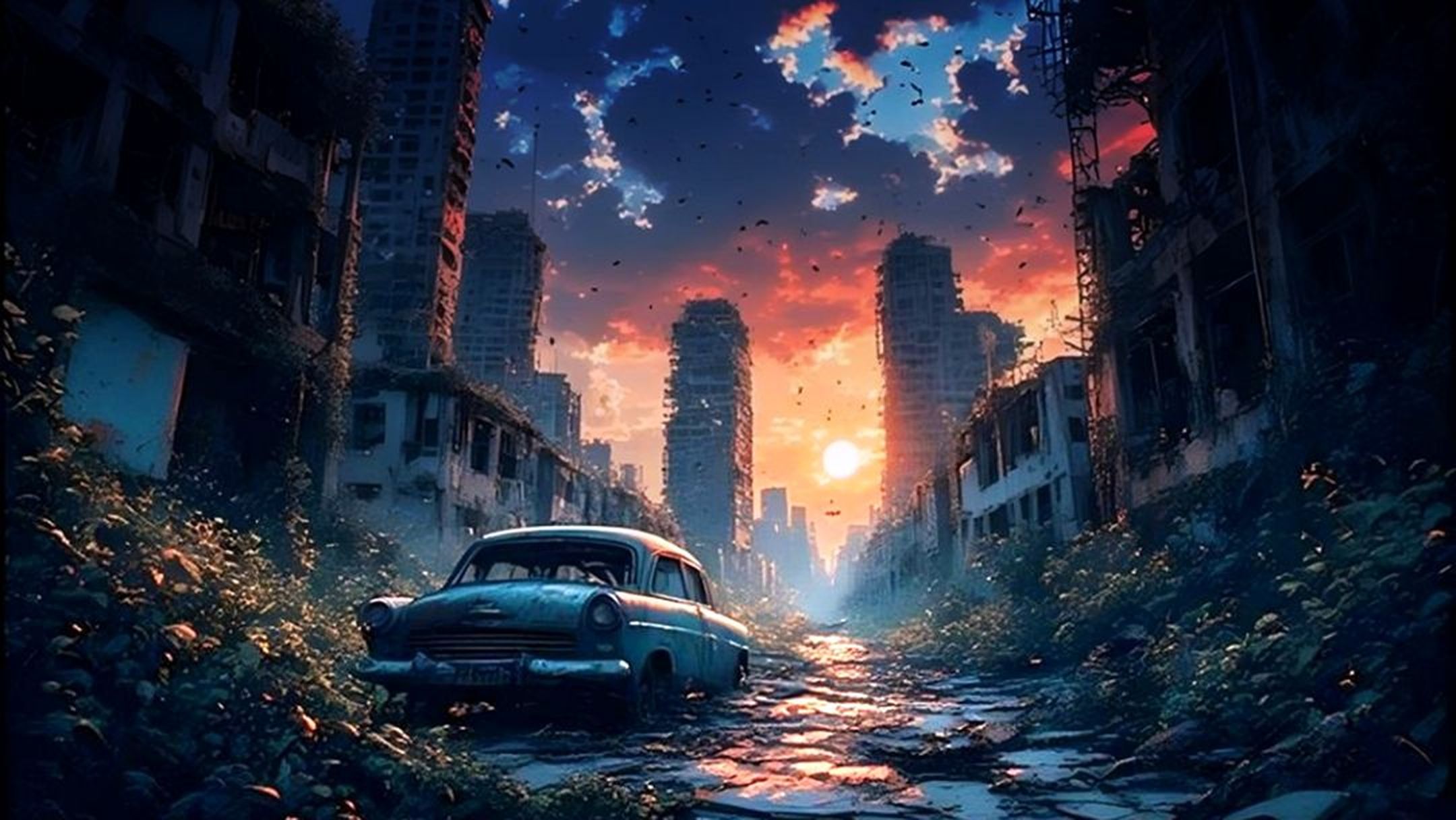 Бесплатное фото Закат над заброшенным городом.