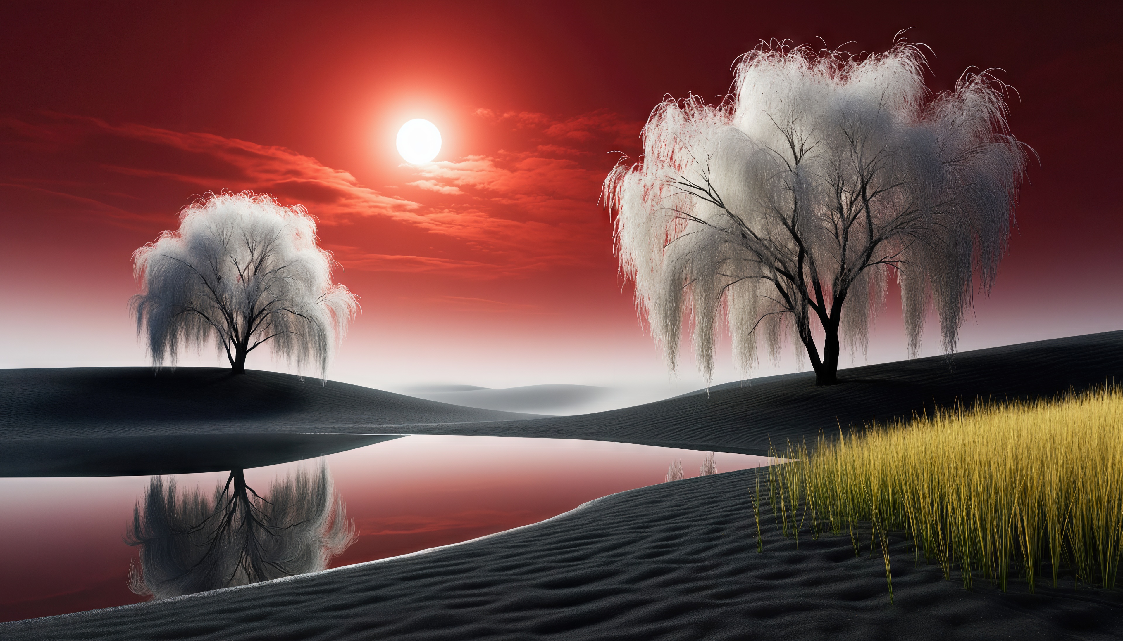 Бесплатное фото Плакучие ивы в сюрреалистичном пейзаже с красным небом.